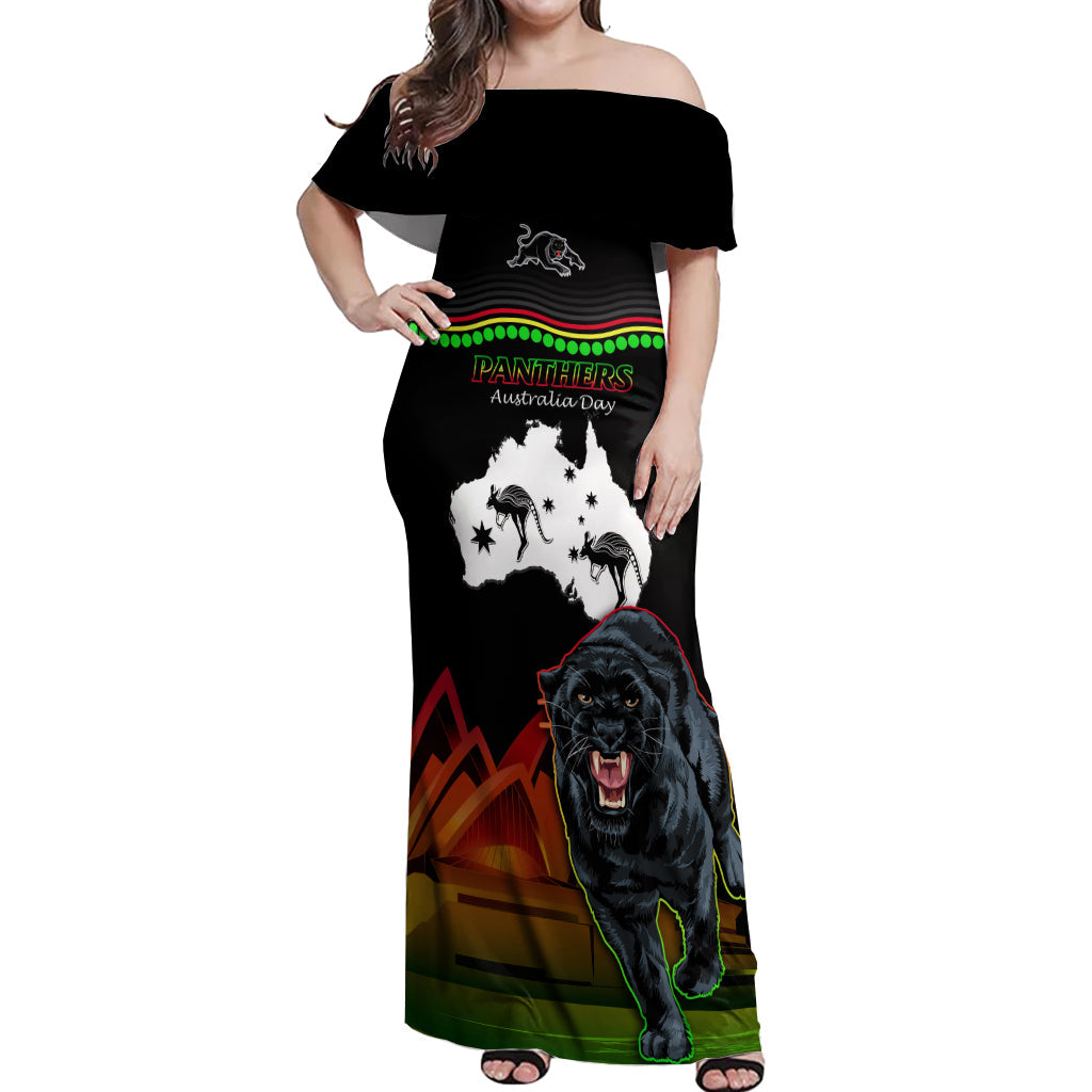 Custom Australia Day Panthers Off Shoulder Maxi Dress NRL 2024 Sydney Opera House With Map - Black