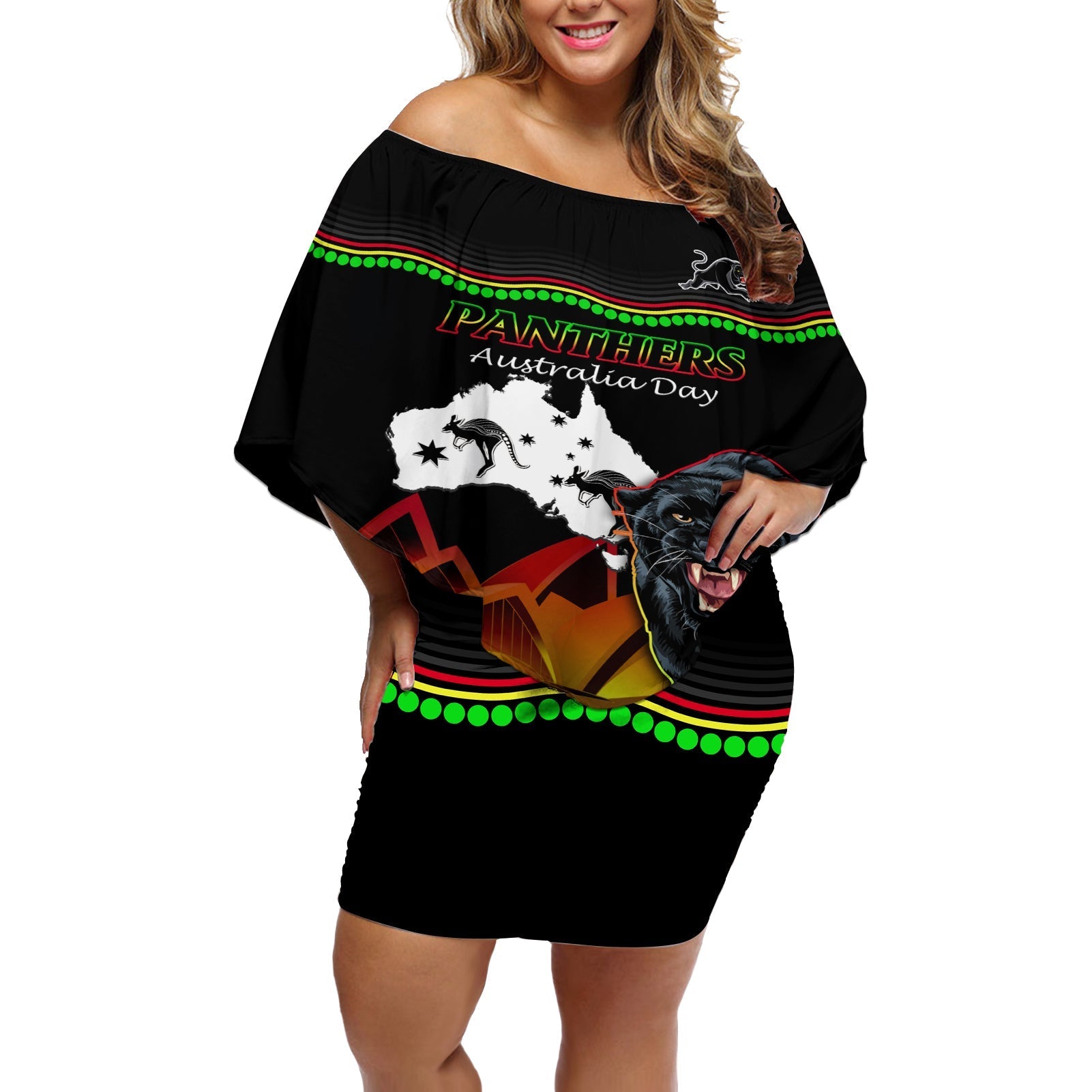 Custom Australia Day Panthers Off Shoulder Short Dress NRL 2024 Sydney Opera House With Map - Black