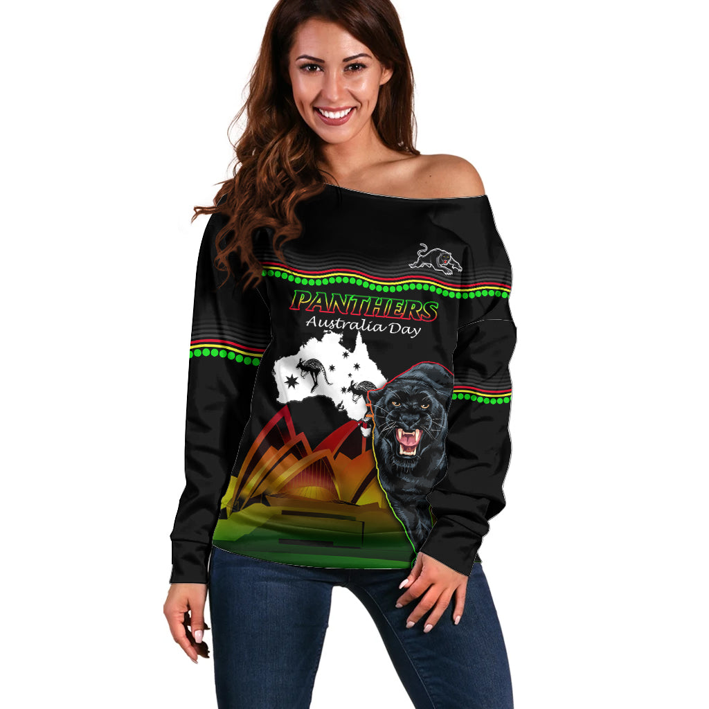 Custom Australia Day Panthers Off Shoulder Sweater NRL 2024 Sydney Opera House With Map - Black - Vibe Hoodie Shop