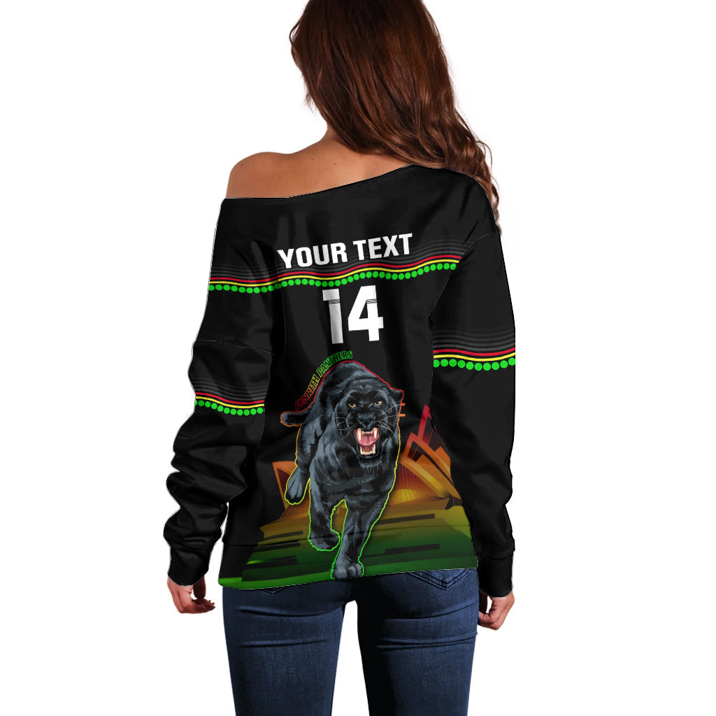 Custom Australia Day Panthers Off Shoulder Sweater NRL 2024 Sydney Opera House With Map - Black - Vibe Hoodie Shop