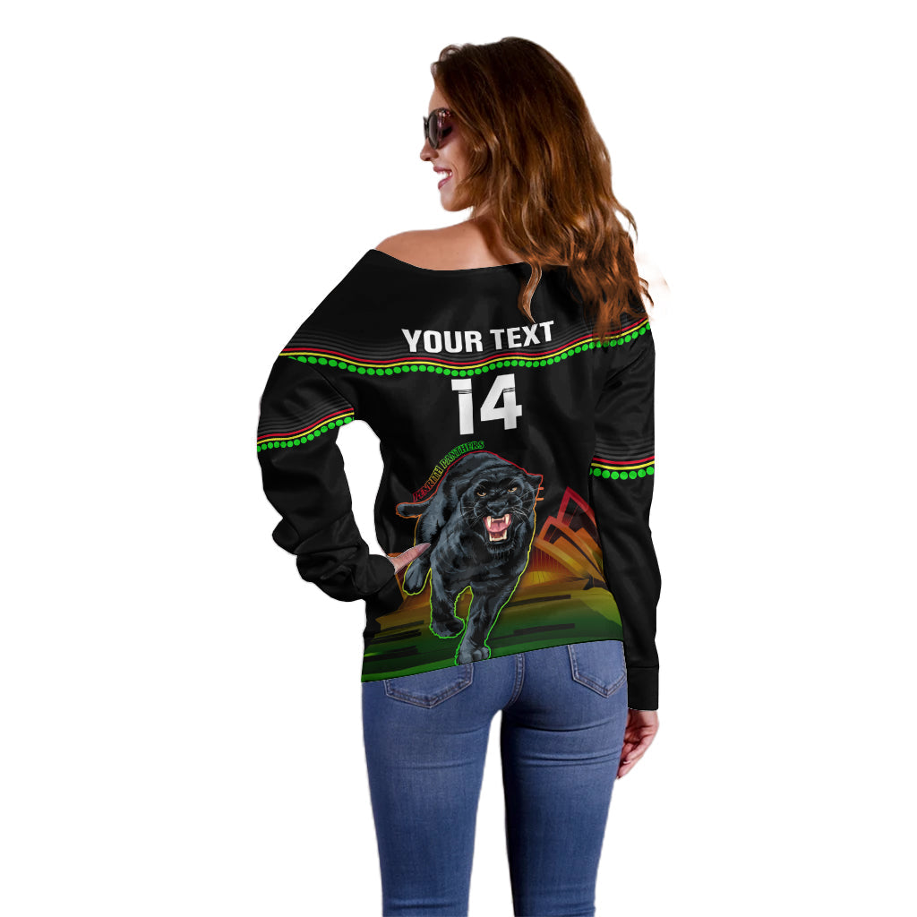 Custom Australia Day Panthers Off Shoulder Sweater NRL 2024 Sydney Opera House With Map - Black - Vibe Hoodie Shop