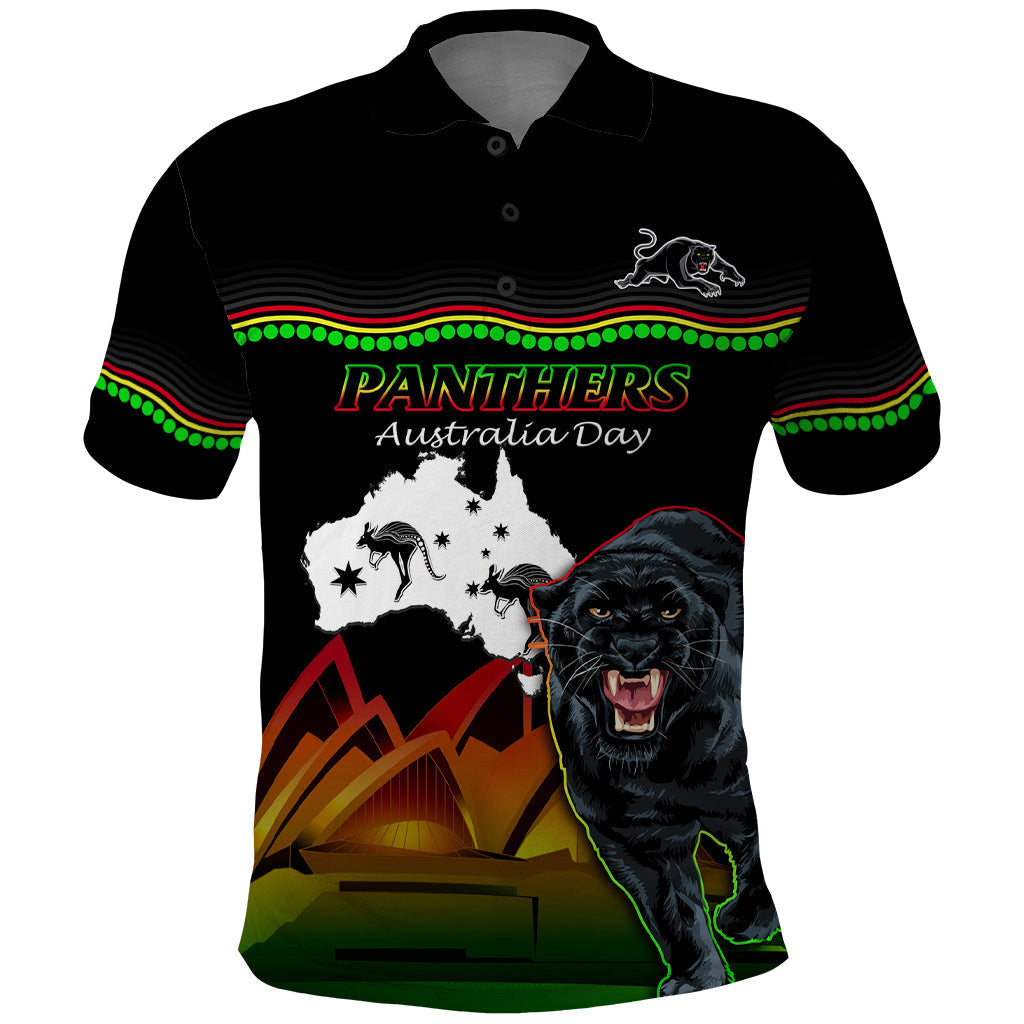 Custom Australia Day Panthers Polo Shirt NRL 2024 Sydney Opera House With Map - Black - Vibe Hoodie Shop