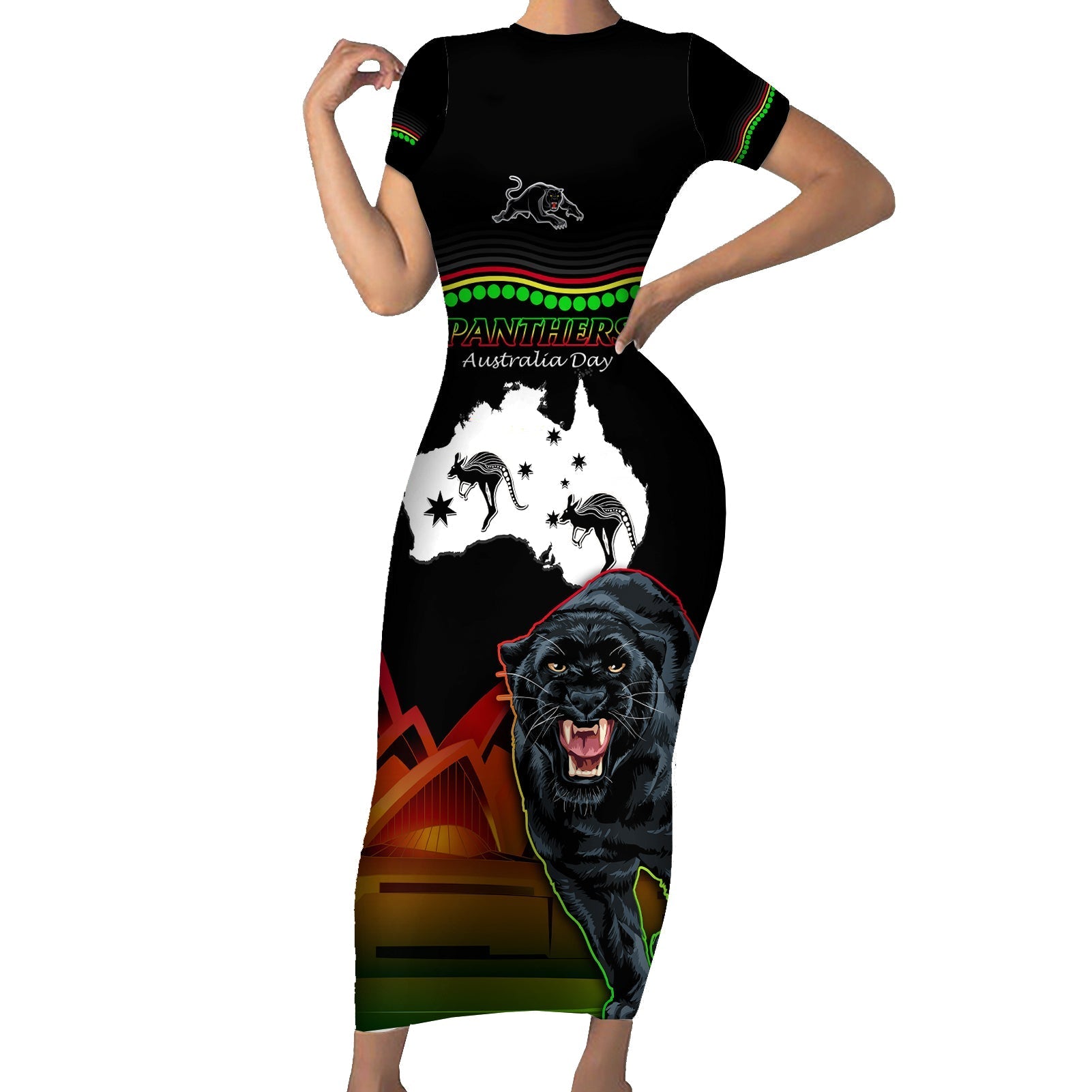 Custom Australia Day Panthers Short Sleeve Bodycon Dress NRL 2024 Sydney Opera House With Map - Black