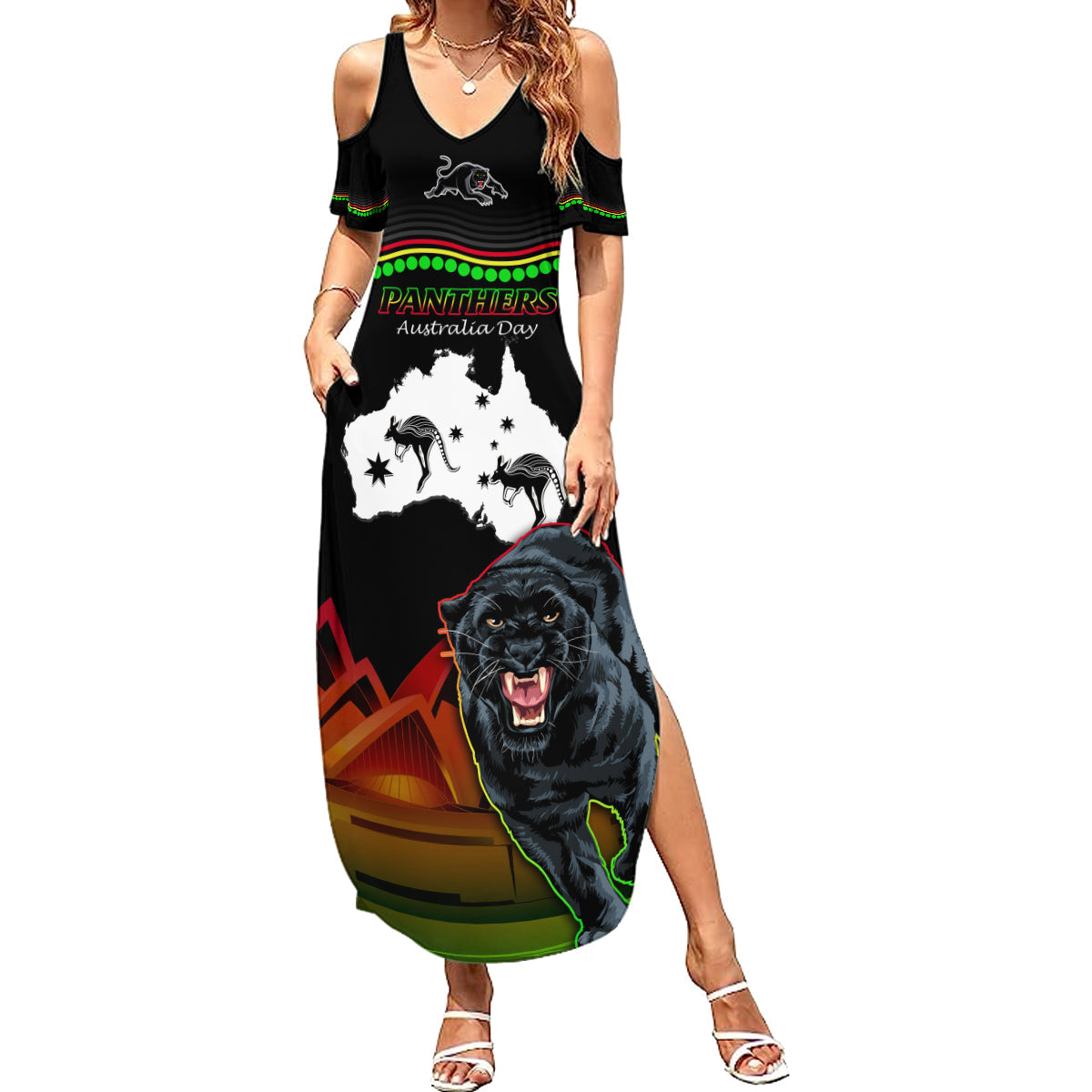 Custom Australia Day Panthers Summer Maxi Dress NRL 2024 Sydney Opera House With Map - Black