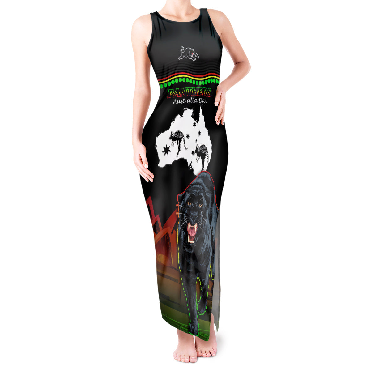 Custom Australia Day Panthers Tank Maxi Dress NRL 2024 Sydney Opera House With Map - Black