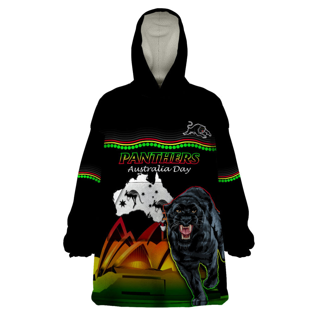 Custom Australia Day Panthers Wearable Blanket Hoodie NRL 2024 Sydney Opera House With Map - Black - Vibe Hoodie Shop