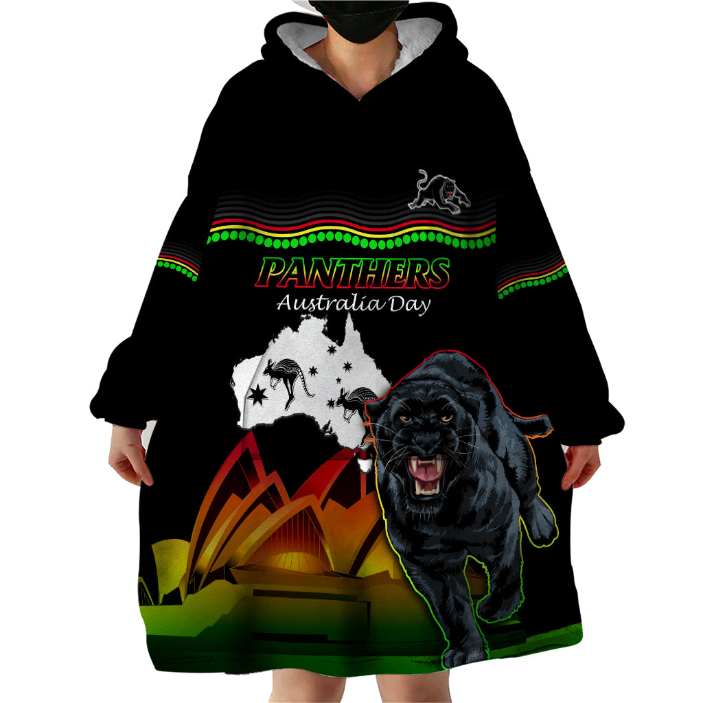 Custom Australia Day Panthers Wearable Blanket Hoodie NRL 2024 Sydney Opera House With Map - Black - Vibe Hoodie Shop