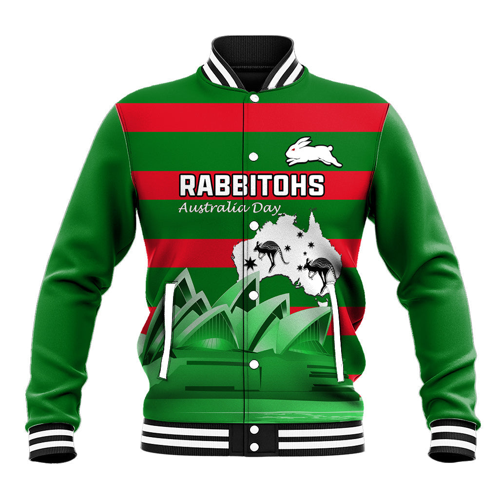 Custom Australia Day Rabbitohs Baseball Jacket NRL 2024 Sydney Opera House With Map - Vibe Hoodie Shop