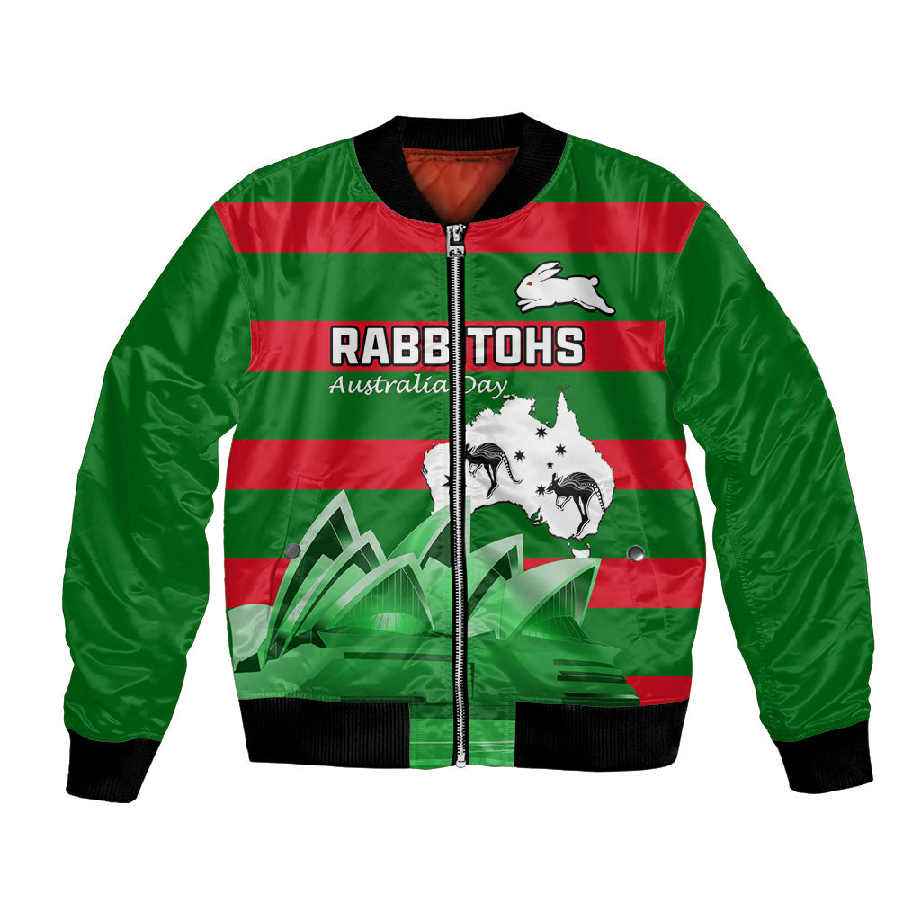 Custom Australia Day Rabbitohs Bomber Jacket NRL 2024 Sydney Opera House With Map - Vibe Hoodie Shop