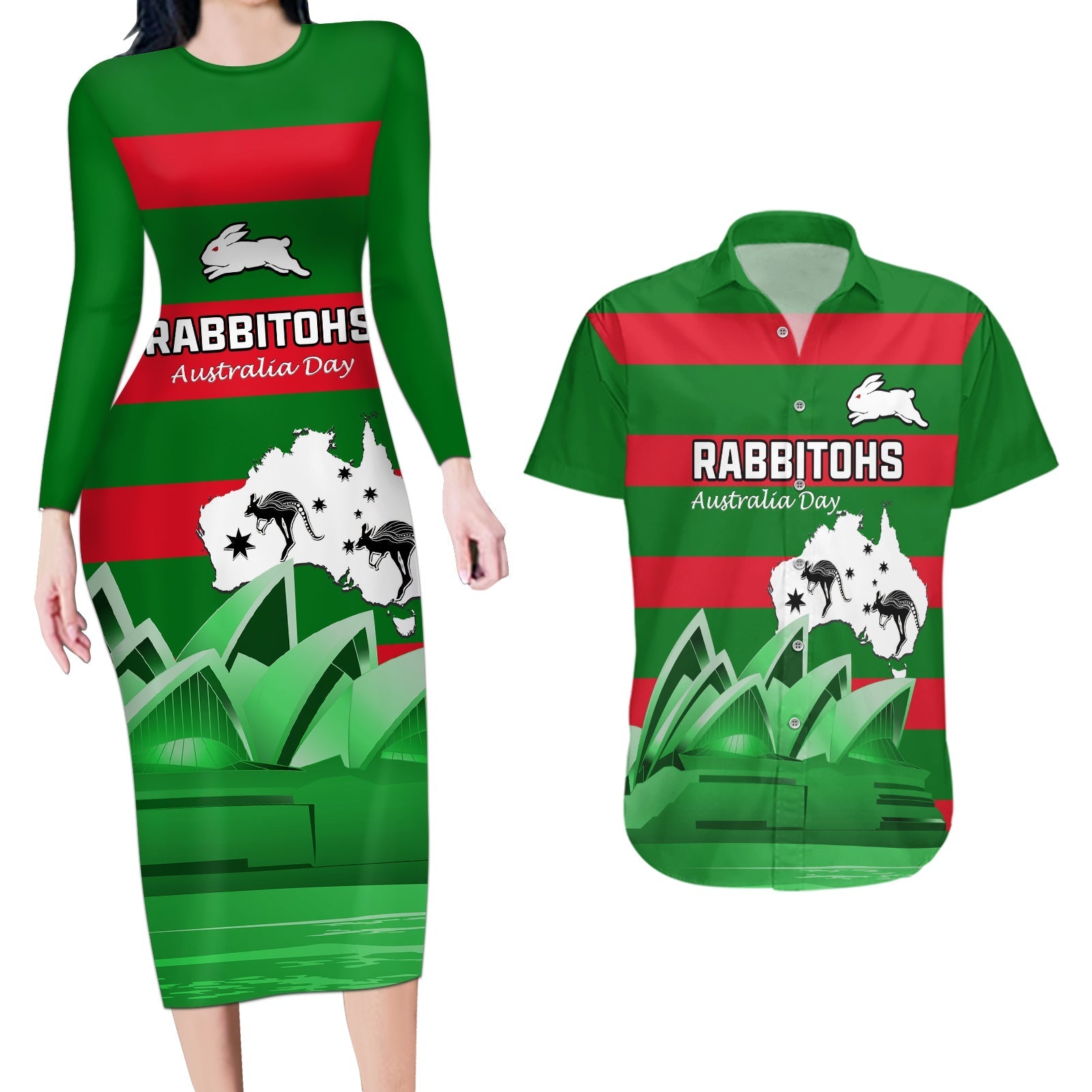 Custom Australia Day Rabbitohs Couples Matching Long Sleeve Bodycon Dress and Hawaiian Shirt NRL 2024 Sydney Opera House With Map