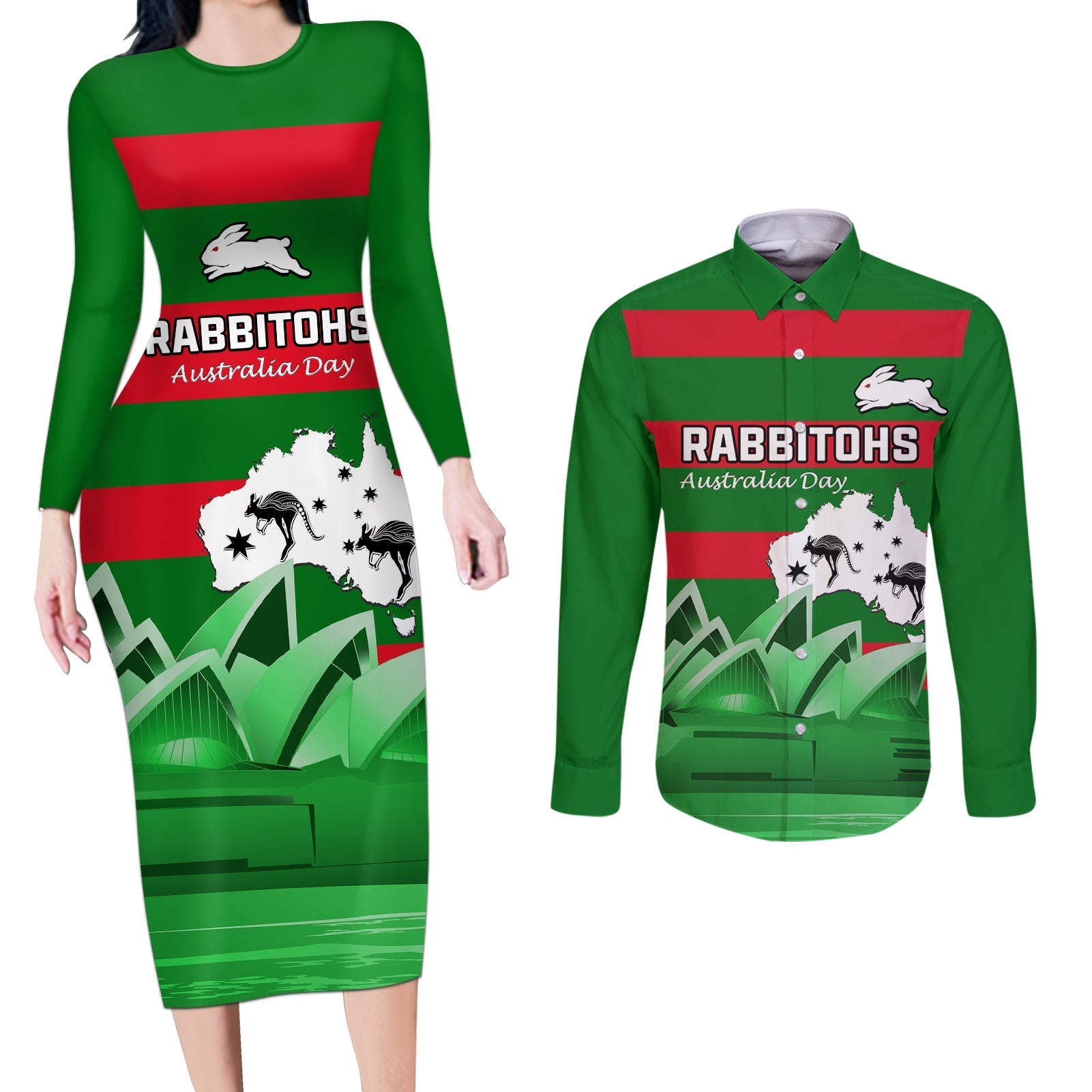 Custom Australia Day Rabbitohs Couples Matching Long Sleeve Bodycon Dress and Long Sleeve Button Shirt NRL 2024 Sydney Opera House With Map