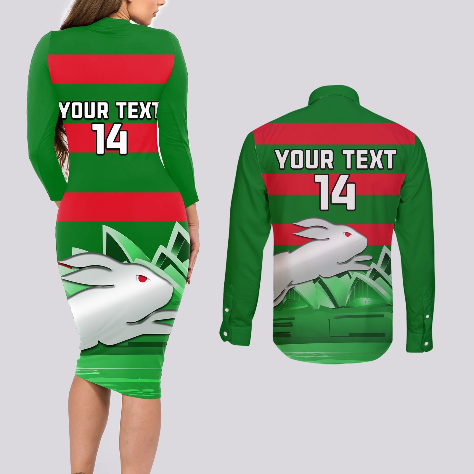 Custom Australia Day Rabbitohs Couples Matching Long Sleeve Bodycon Dress and Long Sleeve Button Shirt NRL 2024 Sydney Opera House With Map