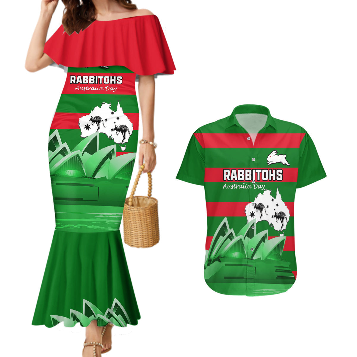 Custom Australia Day Rabbitohs Couples Matching Mermaid Dress and Hawaiian Shirt NRL 2024 Sydney Opera House With Map