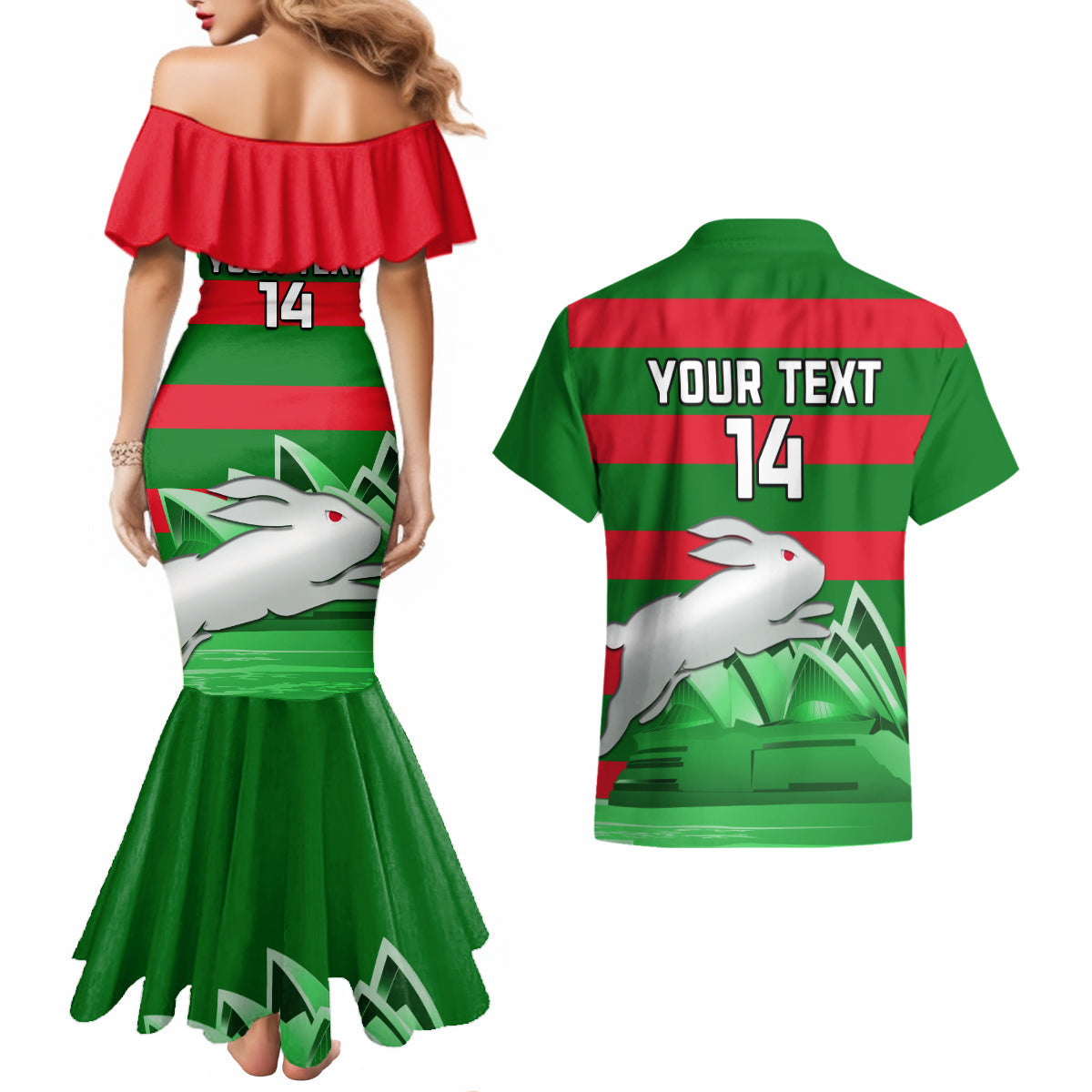 Custom Australia Day Rabbitohs Couples Matching Mermaid Dress and Hawaiian Shirt NRL 2024 Sydney Opera House With Map