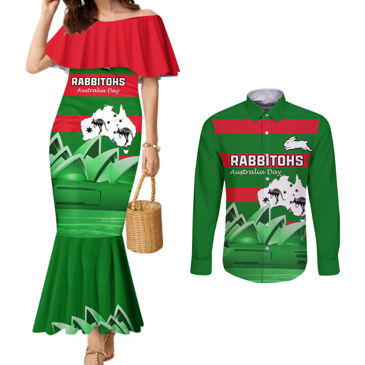 Custom Australia Day Rabbitohs Couples Matching Mermaid Dress and Long Sleeve Button Shirt NRL 2024 Sydney Opera House With Map