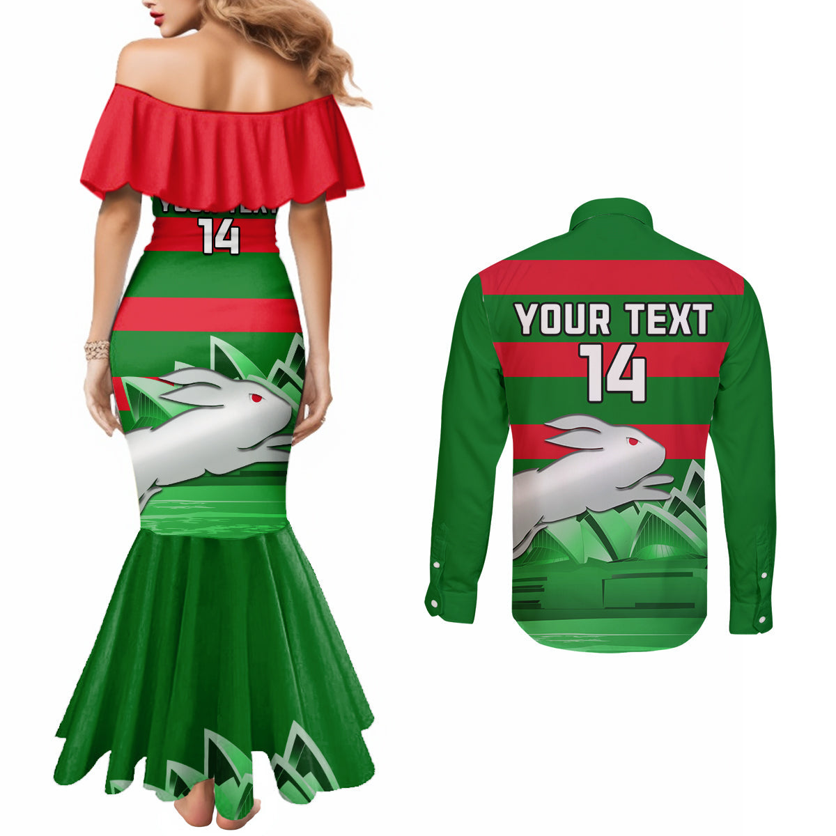 Custom Australia Day Rabbitohs Couples Matching Mermaid Dress and Long Sleeve Button Shirt NRL 2024 Sydney Opera House With Map