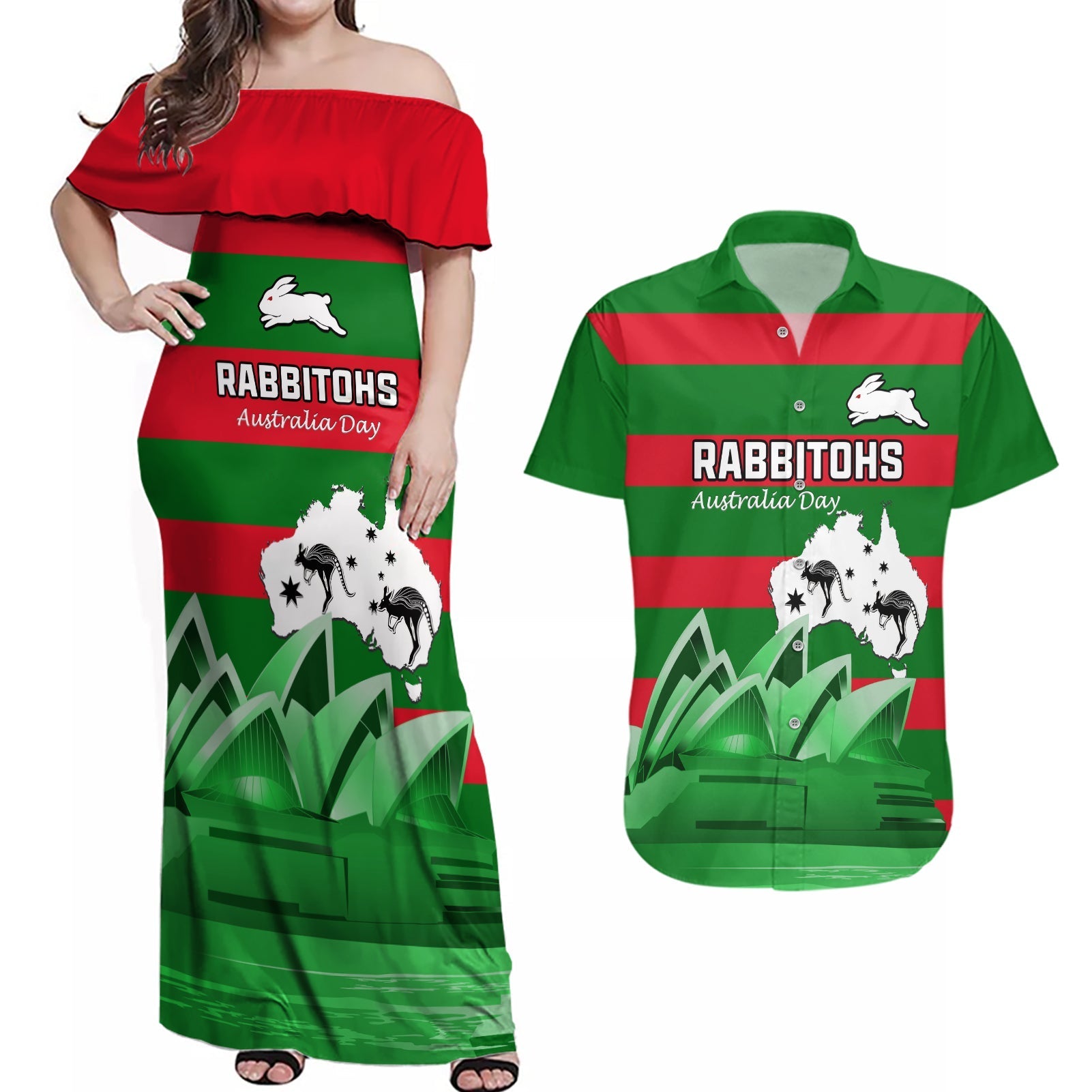 Custom Australia Day Rabbitohs Couples Matching Off Shoulder Maxi Dress and Hawaiian Shirt NRL 2024 Sydney Opera House With Map