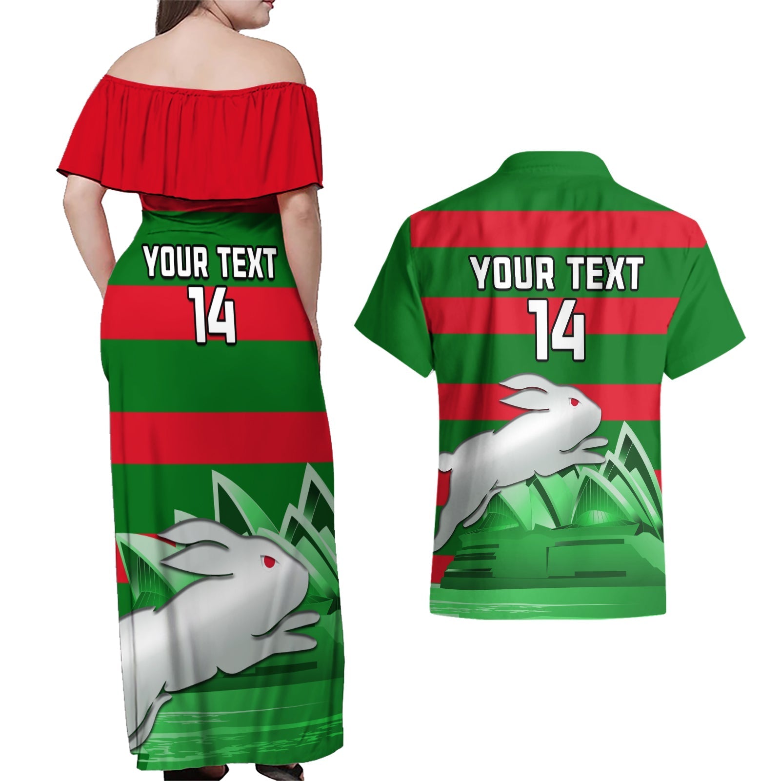 Custom Australia Day Rabbitohs Couples Matching Off Shoulder Maxi Dress and Hawaiian Shirt NRL 2024 Sydney Opera House With Map