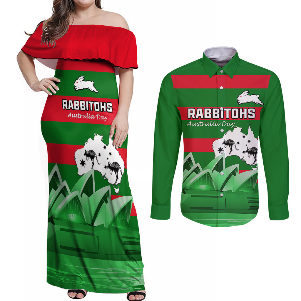 Custom Australia Day Rabbitohs Couples Matching Off Shoulder Maxi Dress and Long Sleeve Button Shirt NRL 2024 Sydney Opera House With Map