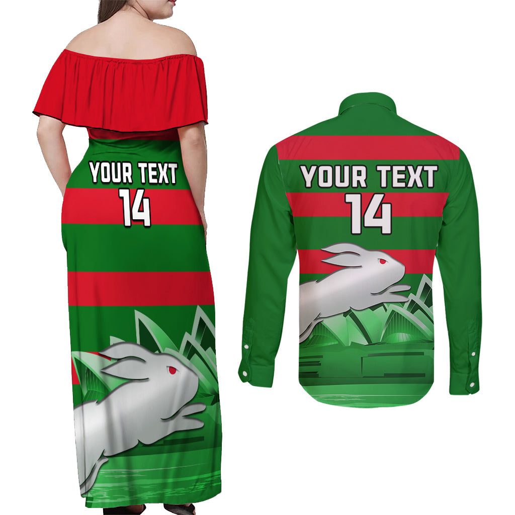 Custom Australia Day Rabbitohs Couples Matching Off Shoulder Maxi Dress and Long Sleeve Button Shirt NRL 2024 Sydney Opera House With Map