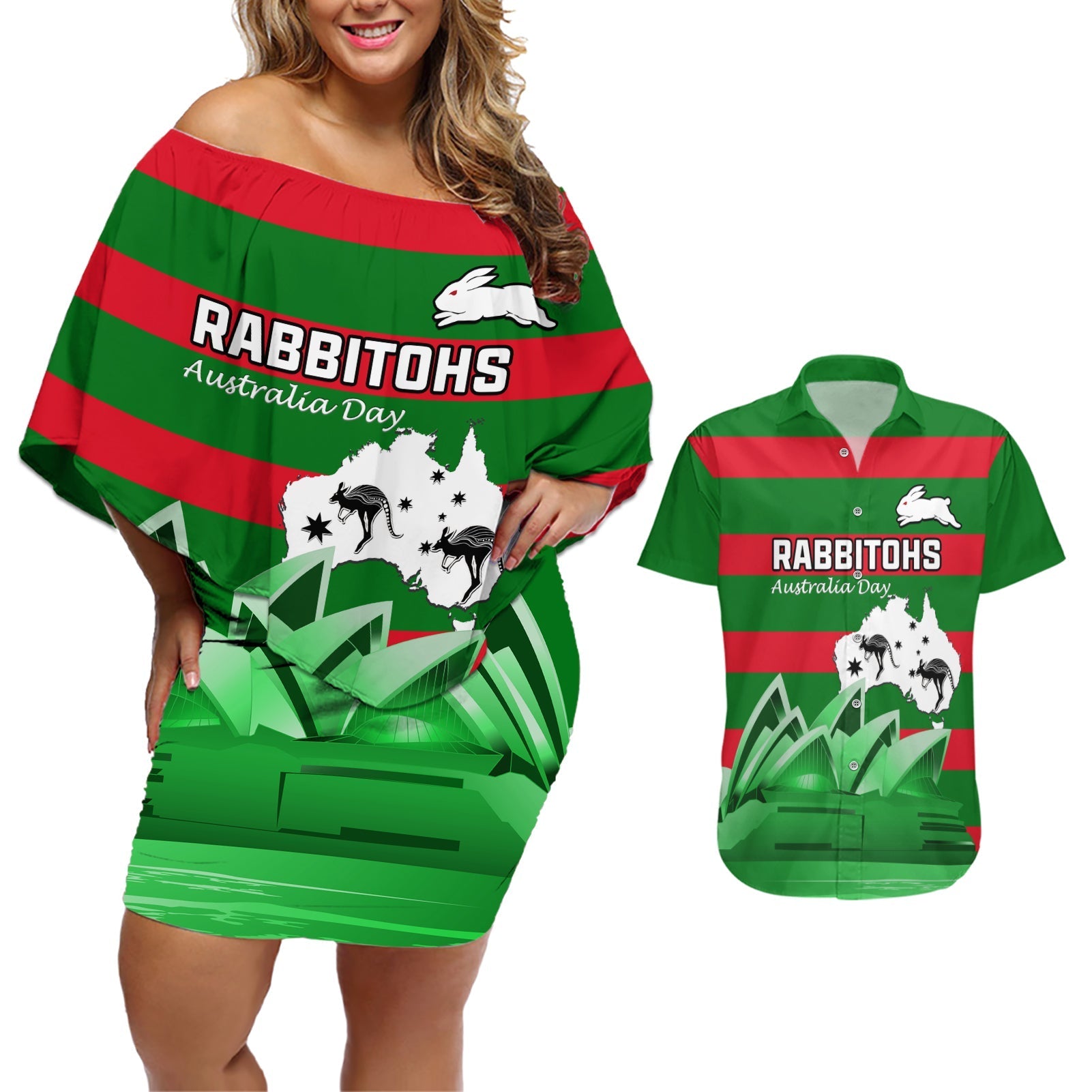 Custom Australia Day Rabbitohs Couples Matching Off Shoulder Short Dress and Hawaiian Shirt NRL 2024 Sydney Opera House With Map