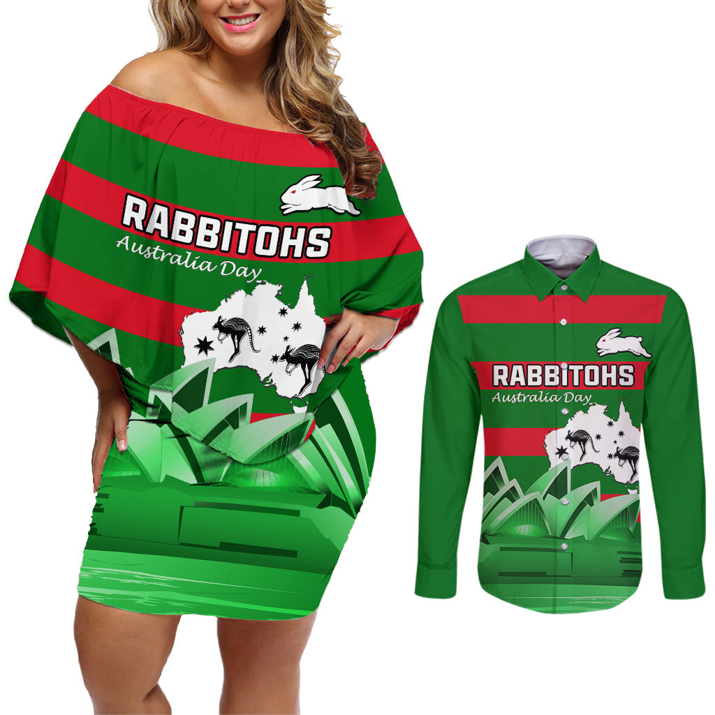 Custom Australia Day Rabbitohs Couples Matching Off Shoulder Short Dress and Long Sleeve Button Shirt NRL 2024 Sydney Opera House With Map