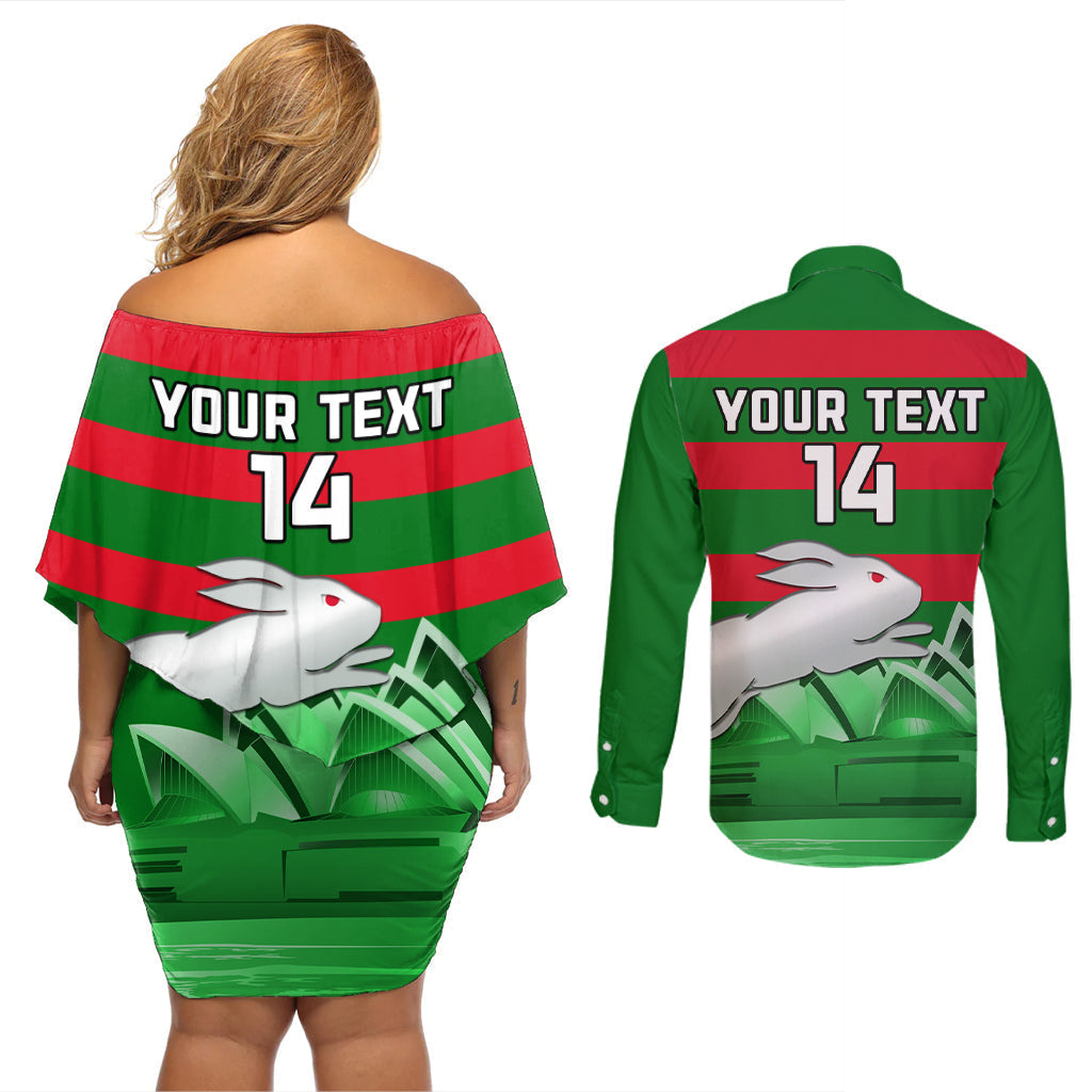 Custom Australia Day Rabbitohs Couples Matching Off Shoulder Short Dress and Long Sleeve Button Shirt NRL 2024 Sydney Opera House With Map