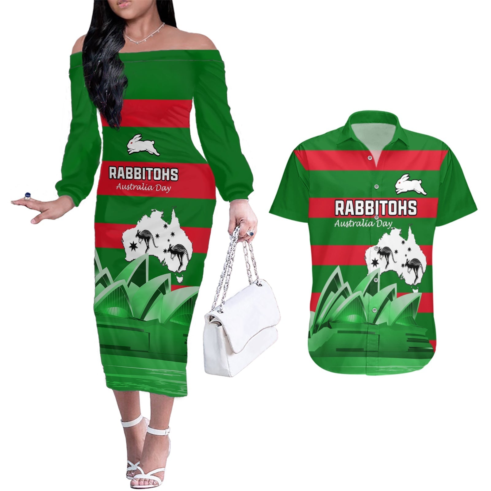 Custom Australia Day Rabbitohs Couples Matching Off The Shoulder Long Sleeve Dress and Hawaiian Shirt NRL 2024 Sydney Opera House With Map