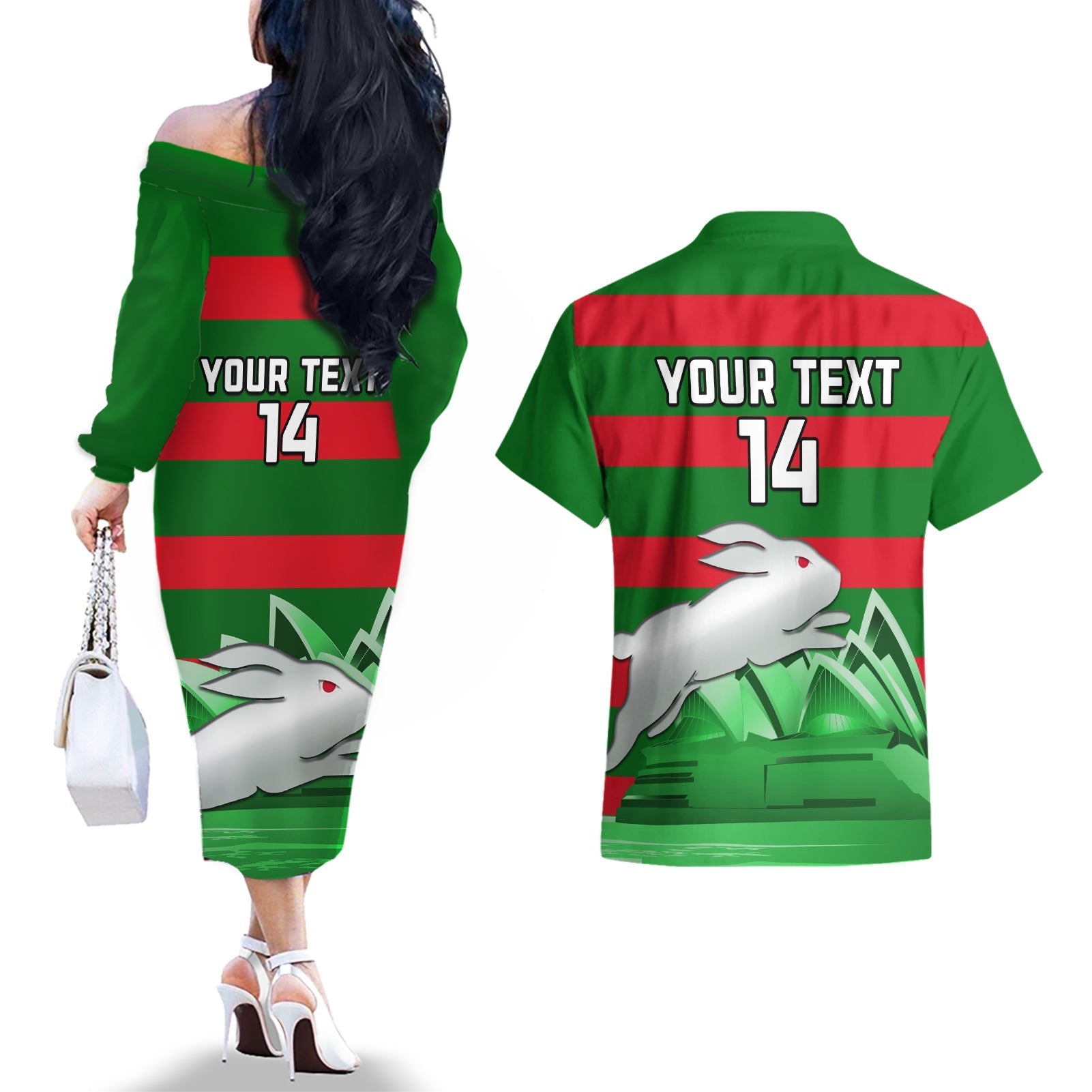 Custom Australia Day Rabbitohs Couples Matching Off The Shoulder Long Sleeve Dress and Hawaiian Shirt NRL 2024 Sydney Opera House With Map