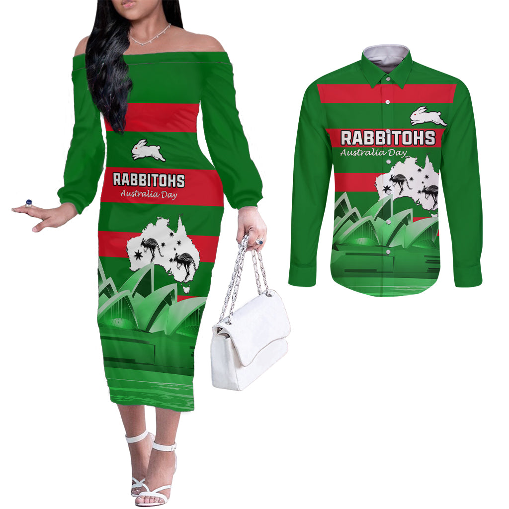 Custom Australia Day Rabbitohs Couples Matching Off The Shoulder Long Sleeve Dress and Long Sleeve Button Shirt NRL 2024 Sydney Opera House With Map