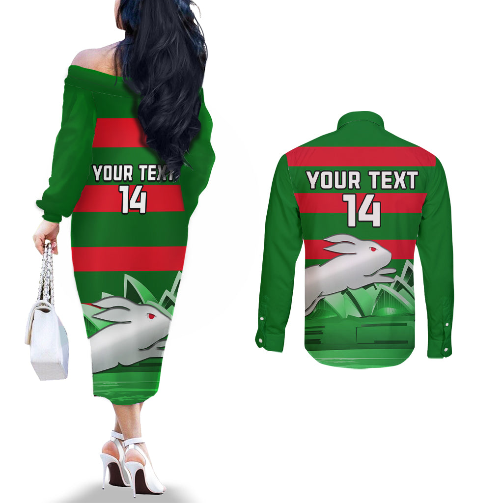 Custom Australia Day Rabbitohs Couples Matching Off The Shoulder Long Sleeve Dress and Long Sleeve Button Shirt NRL 2024 Sydney Opera House With Map