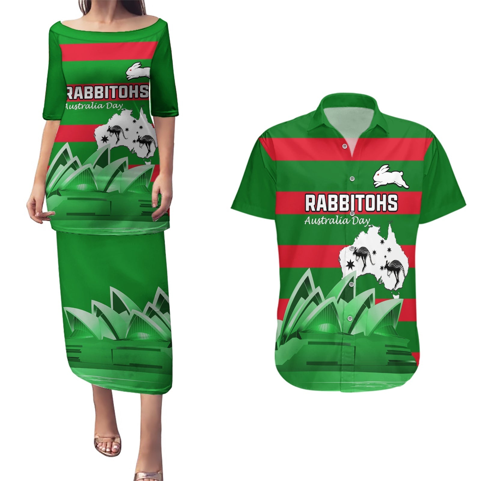 Custom Australia Day Rabbitohs Couples Matching Puletasi and Hawaiian Shirt NRL 2024 Sydney Opera House With Map