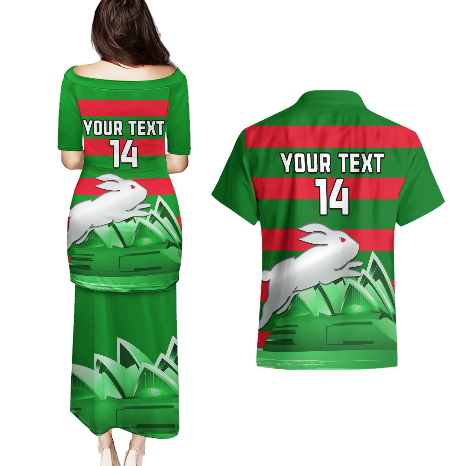 Custom Australia Day Rabbitohs Couples Matching Puletasi and Hawaiian Shirt NRL 2024 Sydney Opera House With Map