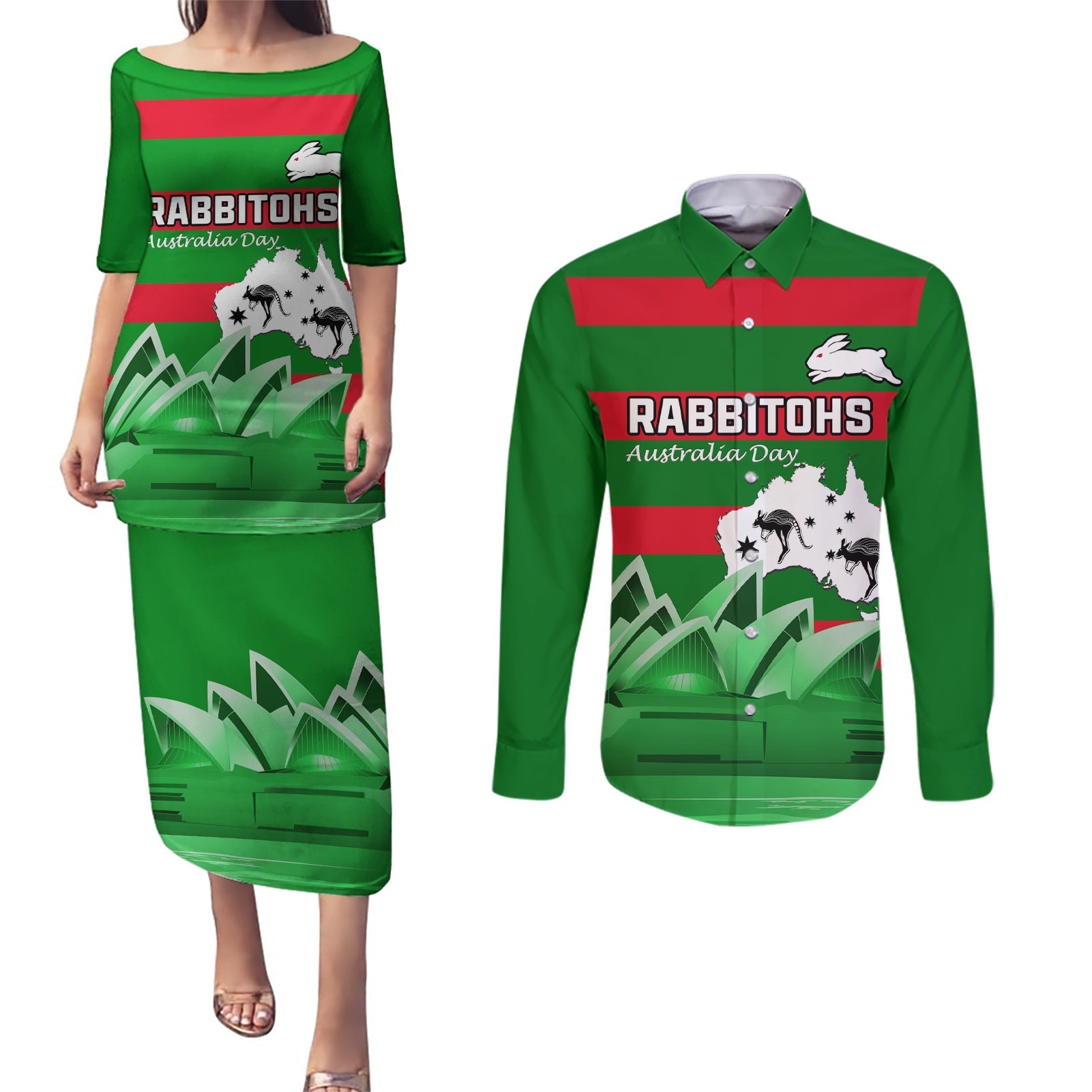 Custom Australia Day Rabbitohs Couples Matching Puletasi and Long Sleeve Button Shirt NRL 2024 Sydney Opera House With Map