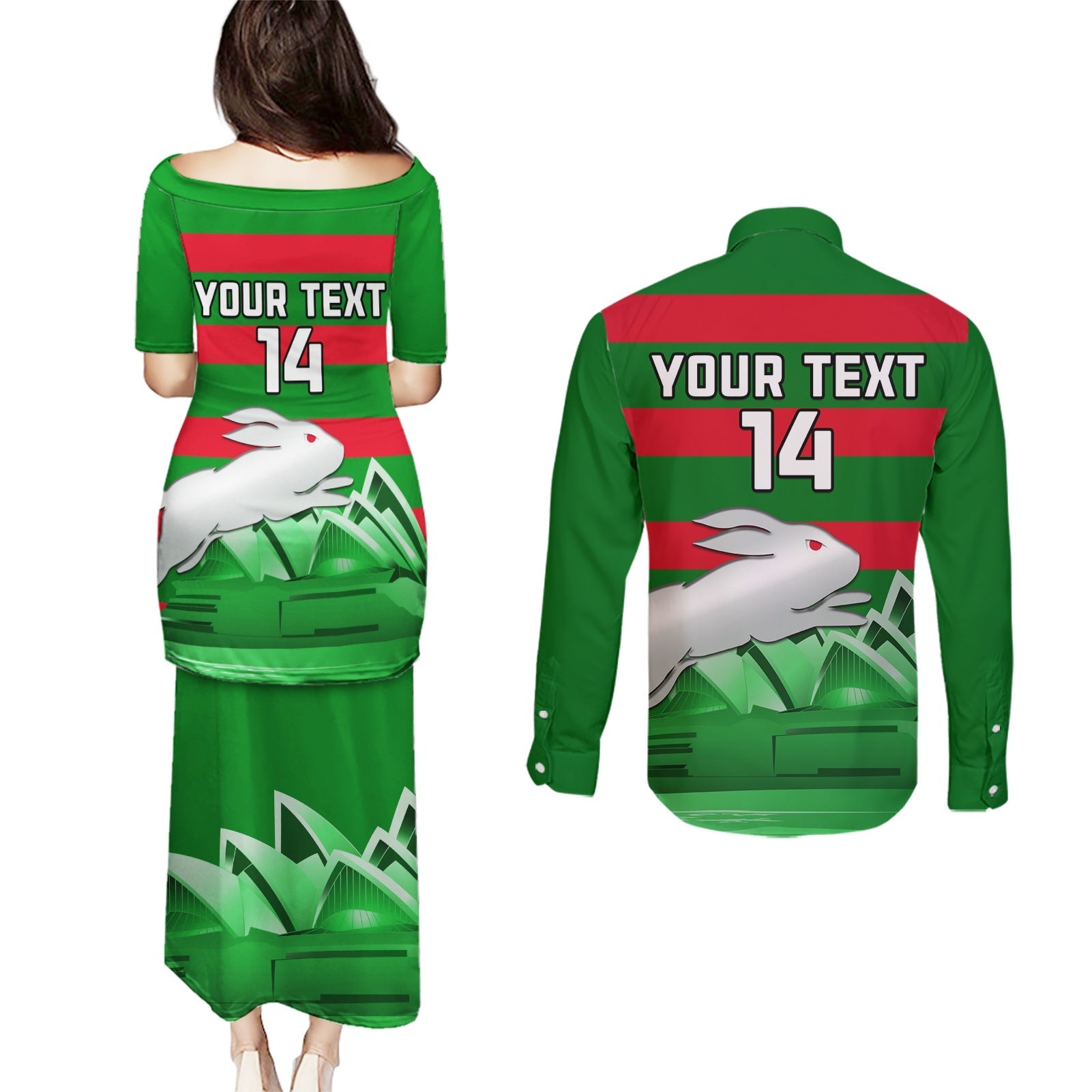 Custom Australia Day Rabbitohs Couples Matching Puletasi and Long Sleeve Button Shirt NRL 2024 Sydney Opera House With Map