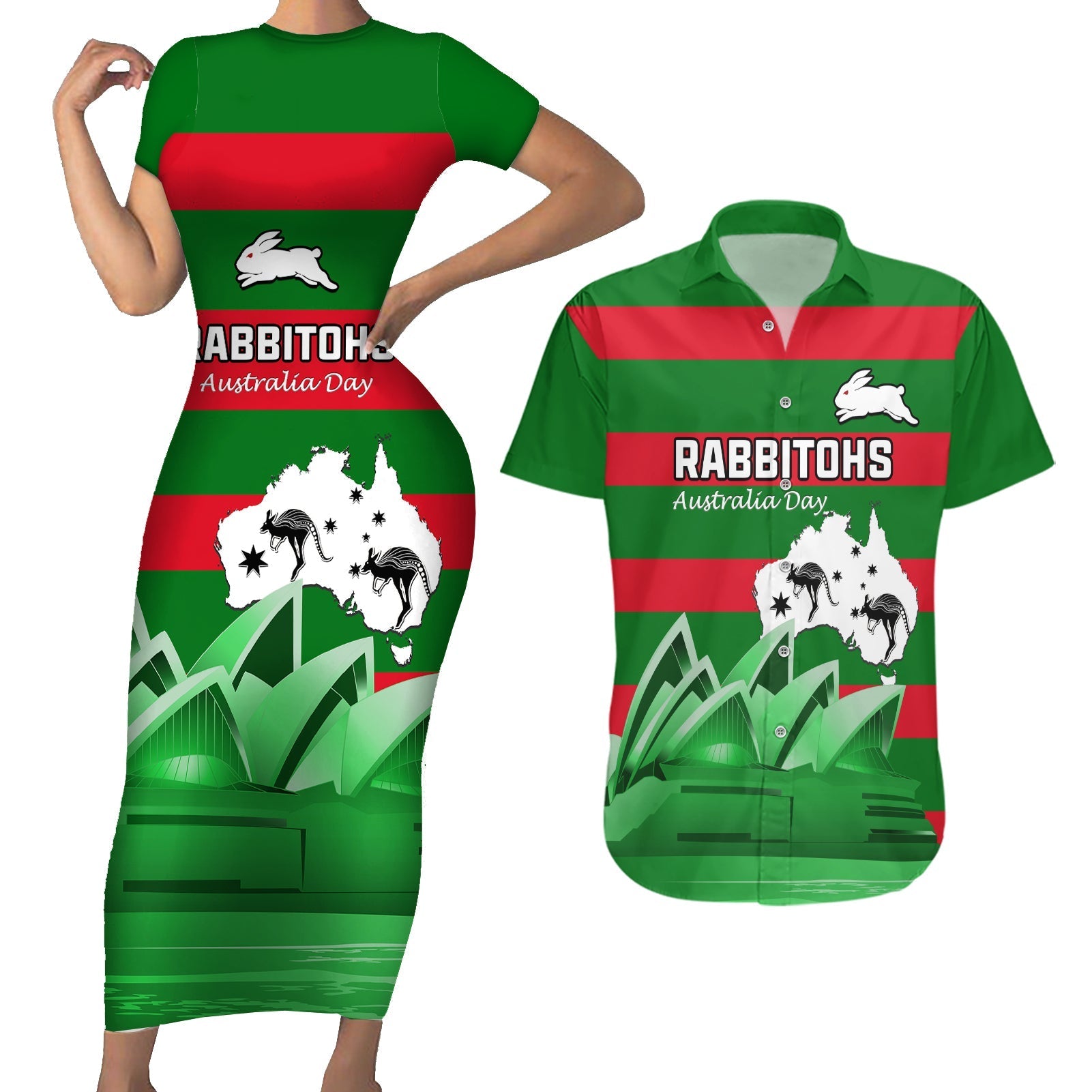 Custom Australia Day Rabbitohs Couples Matching Short Sleeve Bodycon Dress and Hawaiian Shirt NRL 2024 Sydney Opera House With Map