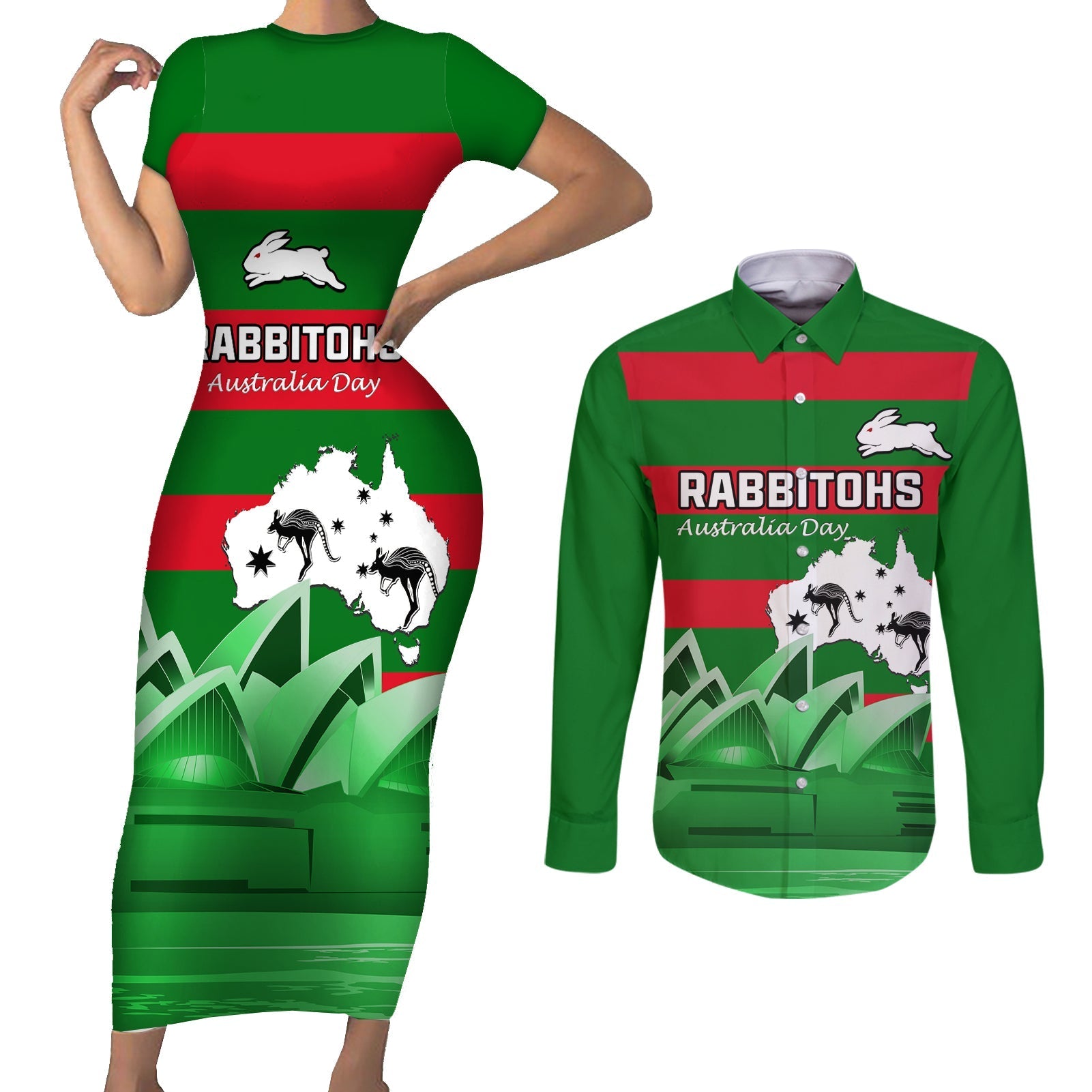 Custom Australia Day Rabbitohs Couples Matching Short Sleeve Bodycon Dress and Long Sleeve Button Shirt NRL 2024 Sydney Opera House With Map