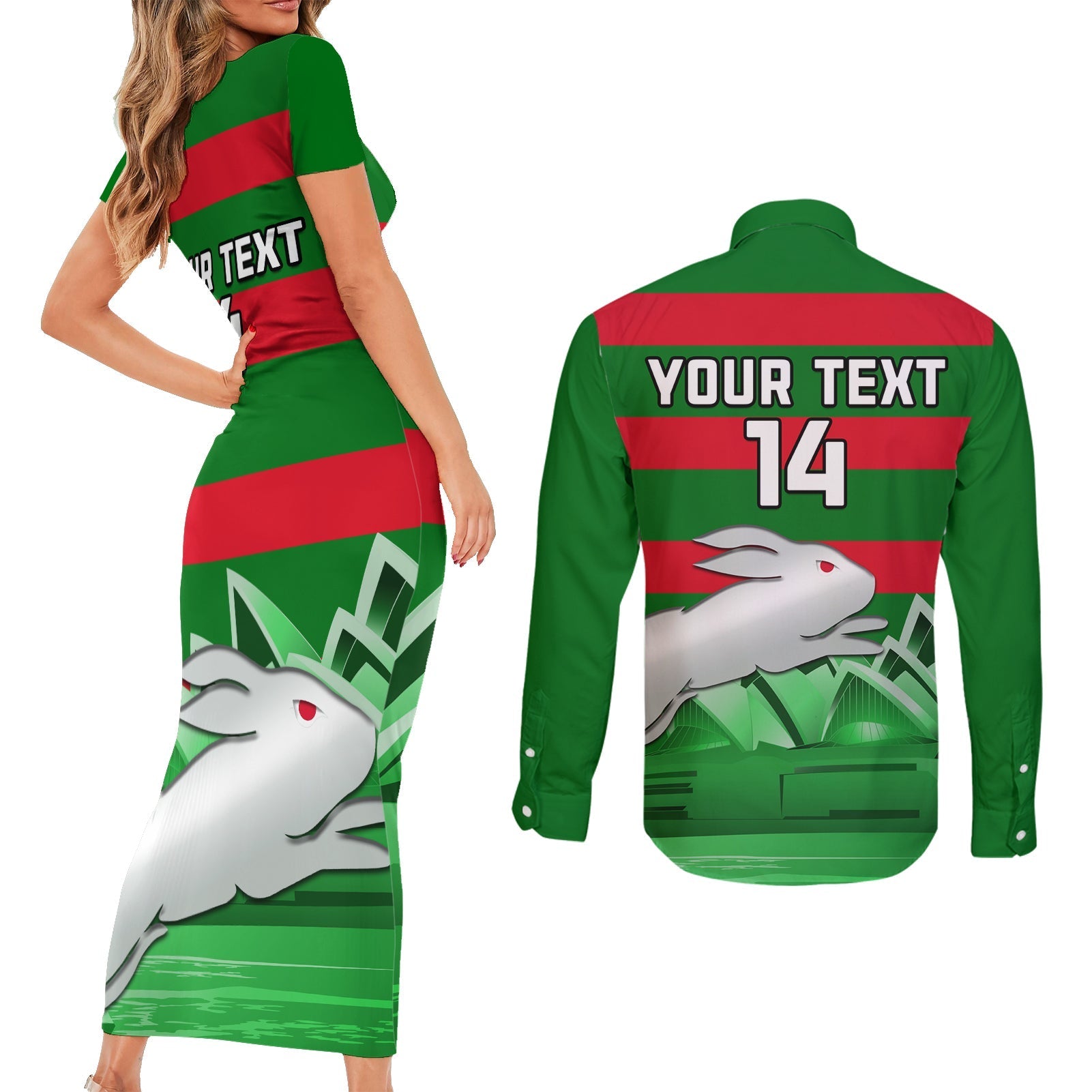 Custom Australia Day Rabbitohs Couples Matching Short Sleeve Bodycon Dress and Long Sleeve Button Shirt NRL 2024 Sydney Opera House With Map