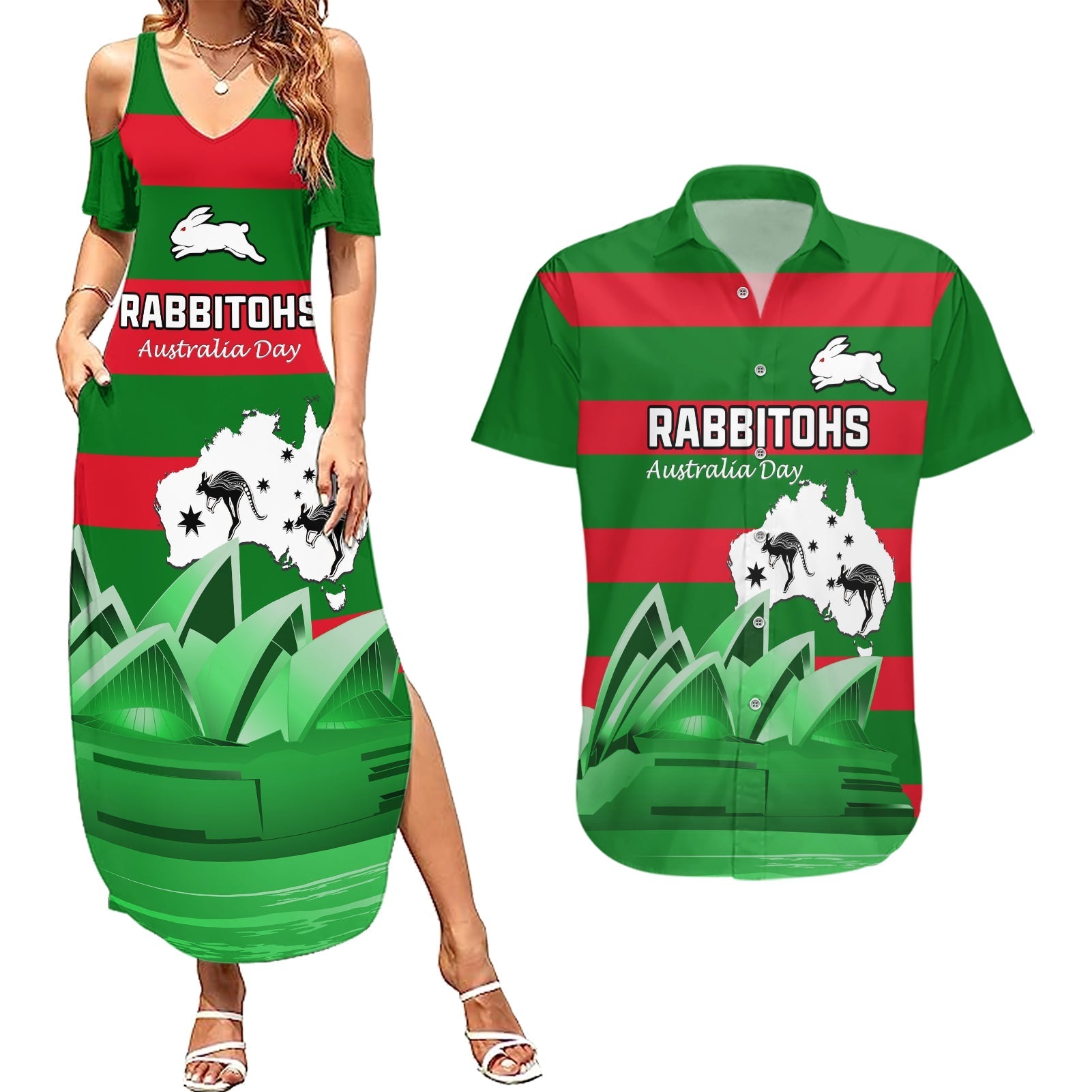 Custom Australia Day Rabbitohs Couples Matching Summer Maxi Dress and Hawaiian Shirt NRL 2024 Sydney Opera House With Map