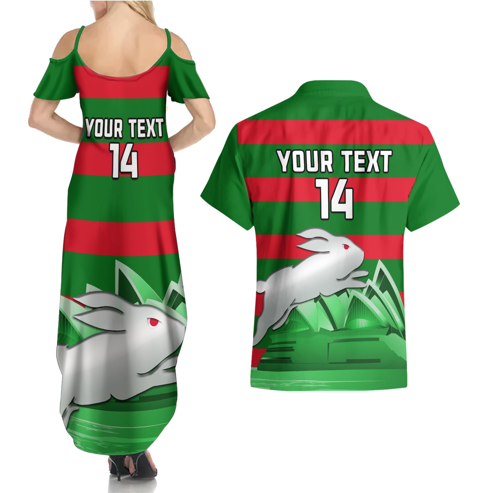 Custom Australia Day Rabbitohs Couples Matching Summer Maxi Dress and Hawaiian Shirt NRL 2024 Sydney Opera House With Map