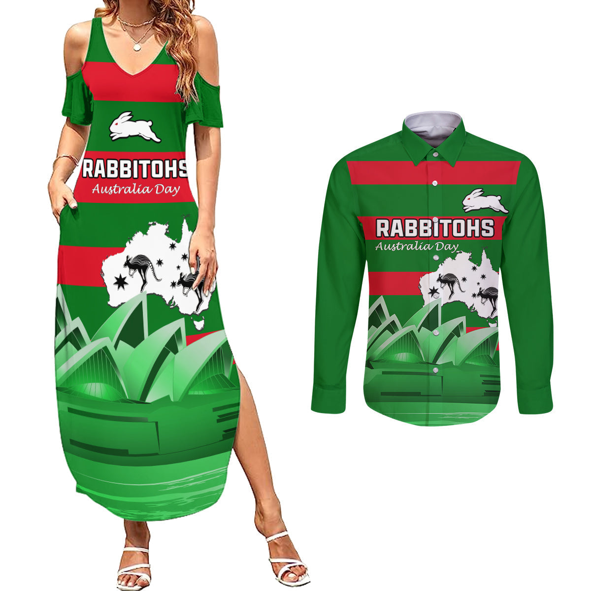 Custom Australia Day Rabbitohs Couples Matching Summer Maxi Dress and Long Sleeve Button Shirt NRL 2024 Sydney Opera House With Map