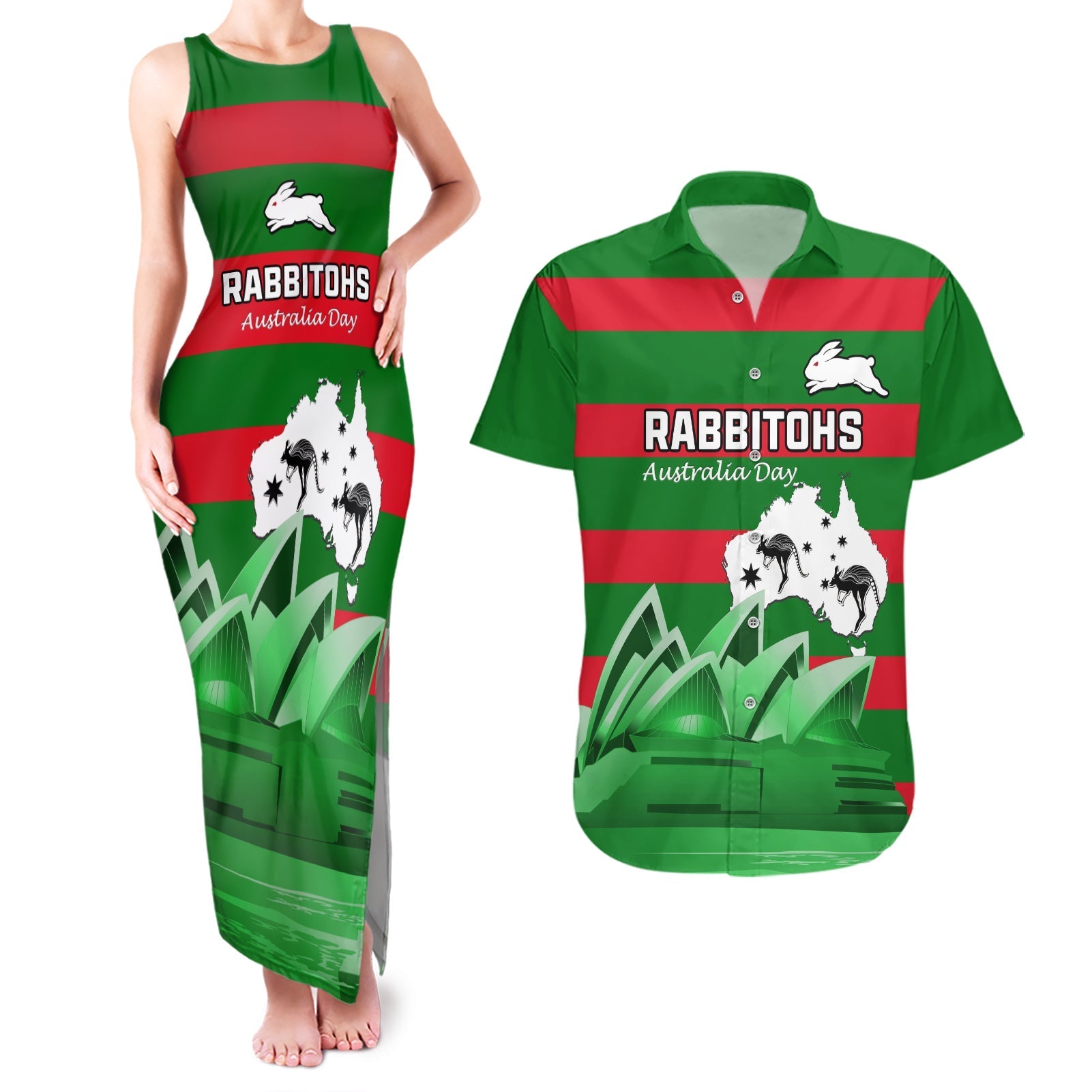 Custom Australia Day Rabbitohs Couples Matching Tank Maxi Dress and Hawaiian Shirt NRL 2024 Sydney Opera House With Map