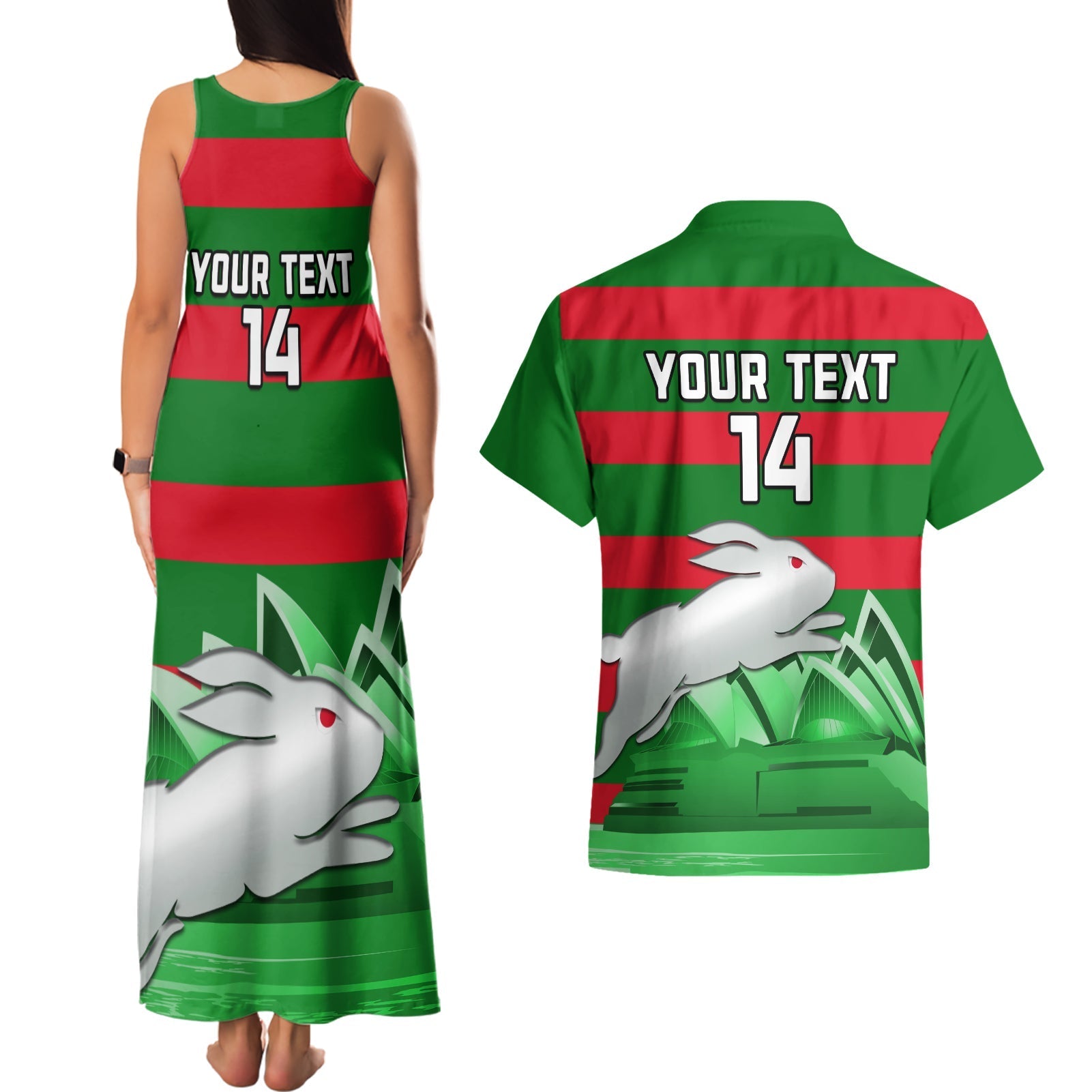 Custom Australia Day Rabbitohs Couples Matching Tank Maxi Dress and Hawaiian Shirt NRL 2024 Sydney Opera House With Map