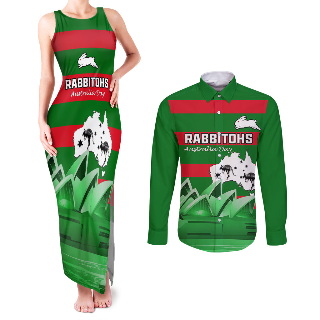 Custom Australia Day Rabbitohs Couples Matching Tank Maxi Dress and Long Sleeve Button Shirt NRL 2024 Sydney Opera House With Map