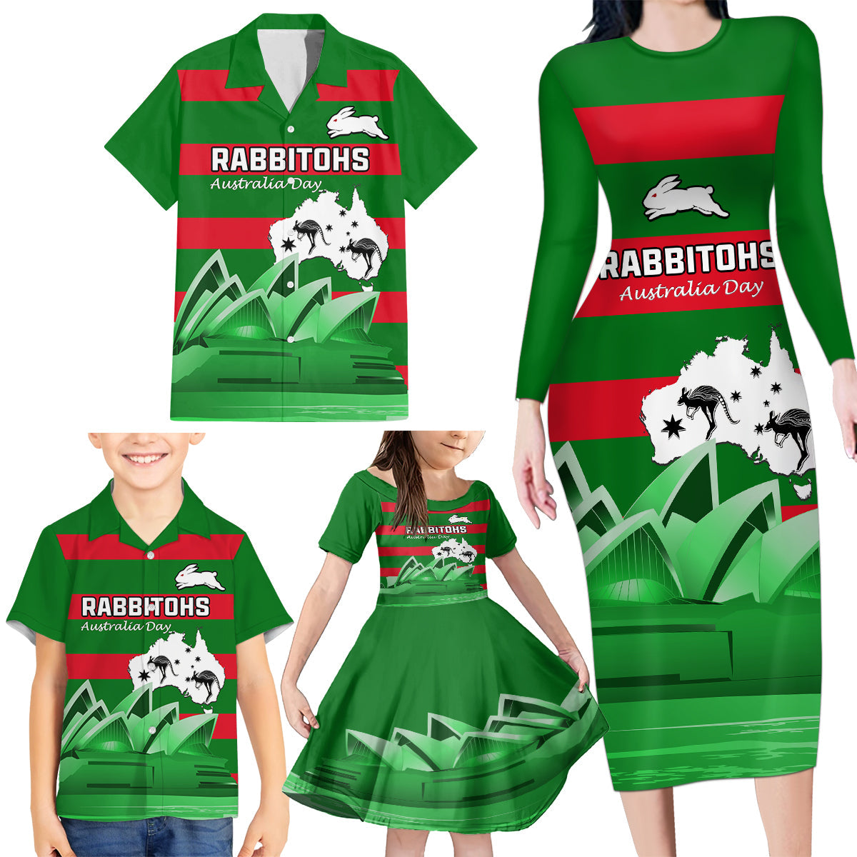 Custom Australia Day Rabbitohs Family Matching Long Sleeve Bodycon Dress and Hawaiian Shirt NRL 2024 Sydney Opera House With Map