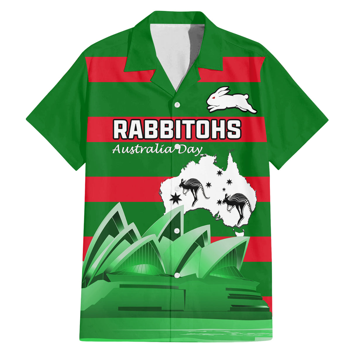 Custom Australia Day Rabbitohs Family Matching Mermaid Dress and Hawaiian Shirt NRL 2024 Sydney Opera House With Map