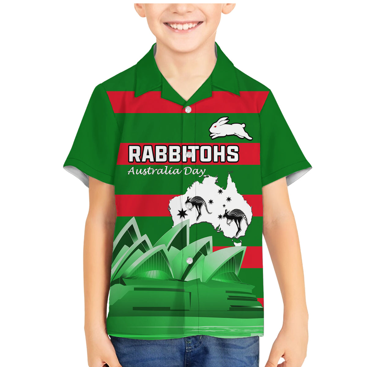 Custom Australia Day Rabbitohs Family Matching Mermaid Dress and Hawaiian Shirt NRL 2024 Sydney Opera House With Map