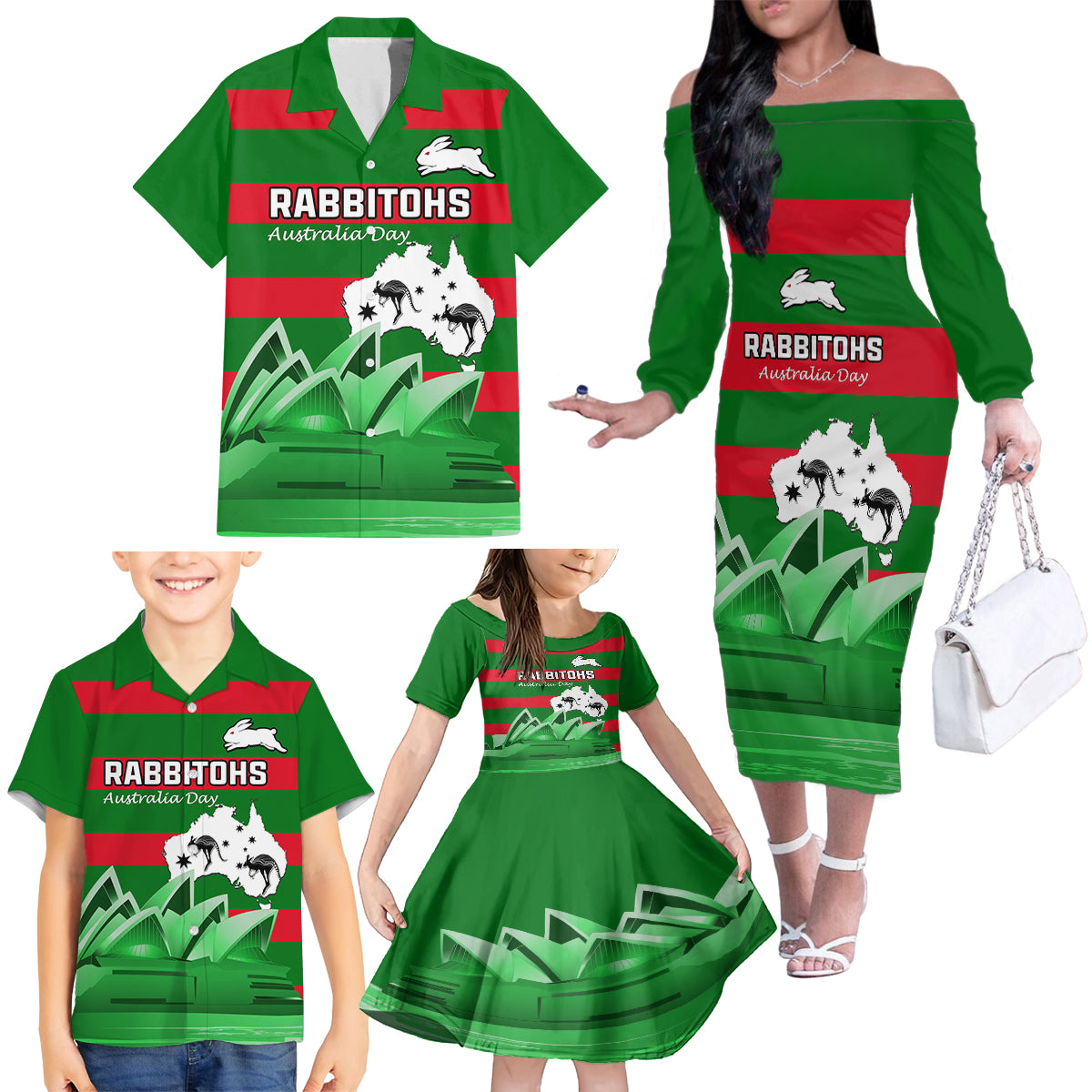 Custom Australia Day Rabbitohs Family Matching Off Shoulder Long Sleeve Dress and Hawaiian Shirt NRL 2024 Sydney Opera House With Map