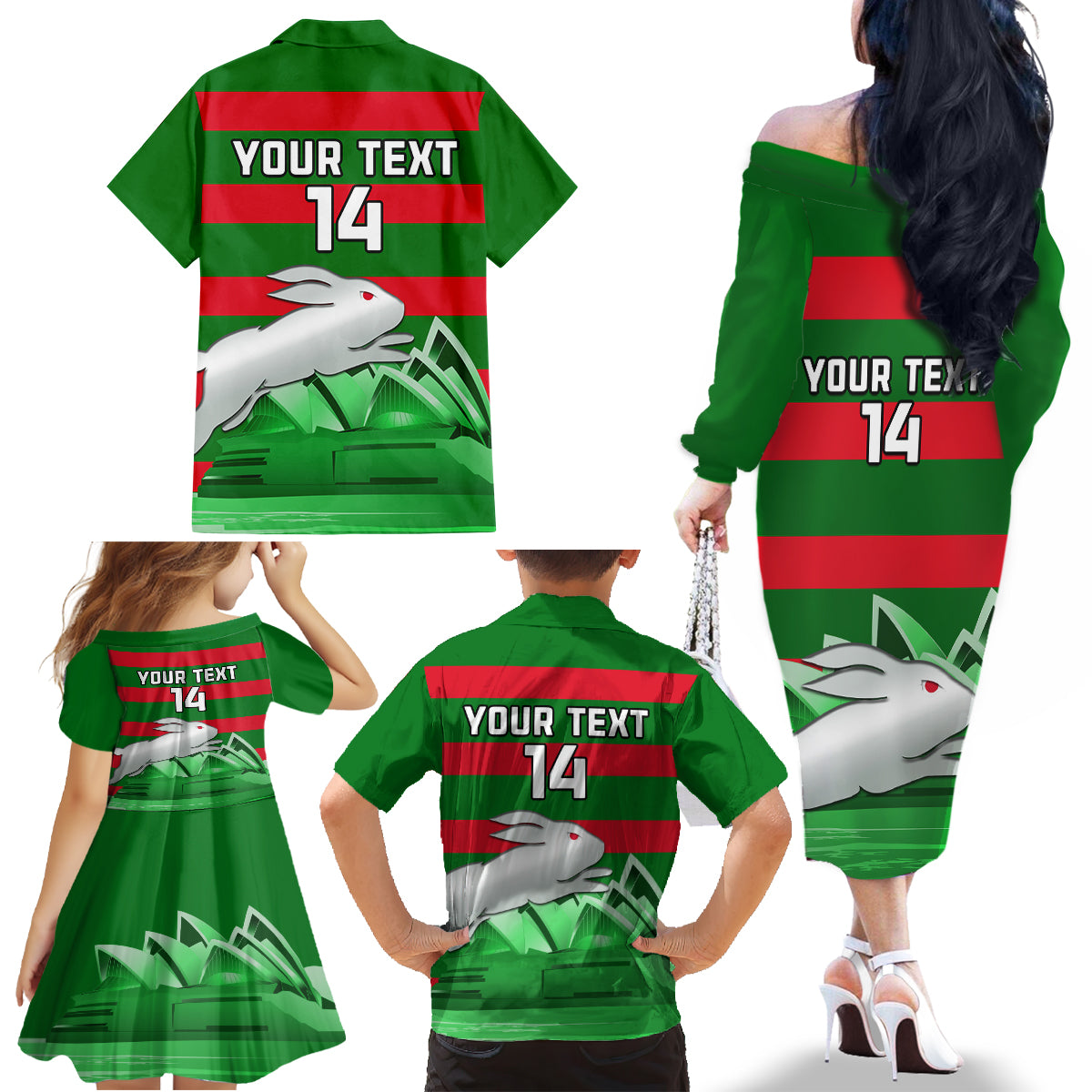 Custom Australia Day Rabbitohs Family Matching Off Shoulder Long Sleeve Dress and Hawaiian Shirt NRL 2024 Sydney Opera House With Map