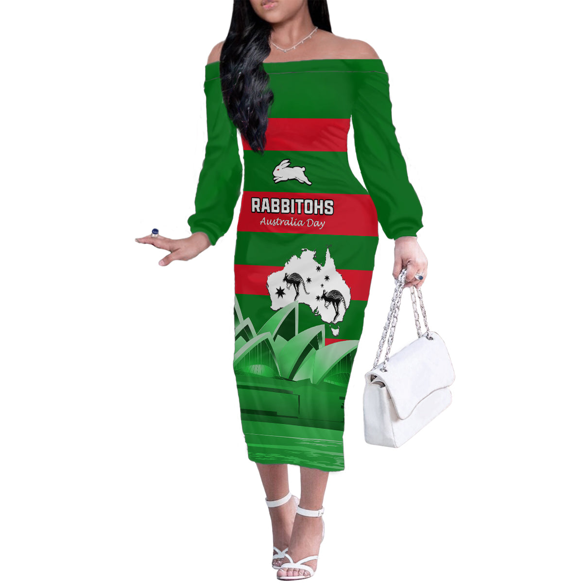 Custom Australia Day Rabbitohs Family Matching Off Shoulder Long Sleeve Dress and Hawaiian Shirt NRL 2024 Sydney Opera House With Map